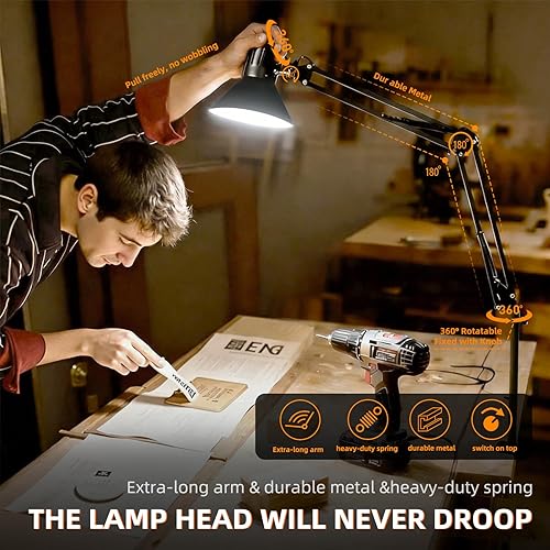 Miniatura 3 de Lámpara de escritorio LED con abrazadera para oficina y hogar, luz de escritorio con brazo oscilante de metal extra alto ajustable de 360,