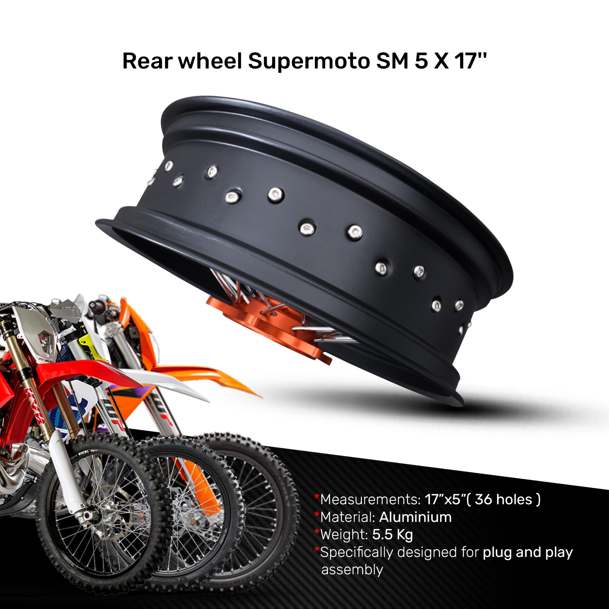 avdb -moto felga/szprychy koło tylne 5" x 17" kompatybilne z KTM SX 150 2013-2014, SXF 250 SX-F 2013-14, SXF 350 SX-F 13-14, HUSQVARNA FS 450 FS450 16-22, GASASGAS MC 12 GAS 5 21-23 Supermoto