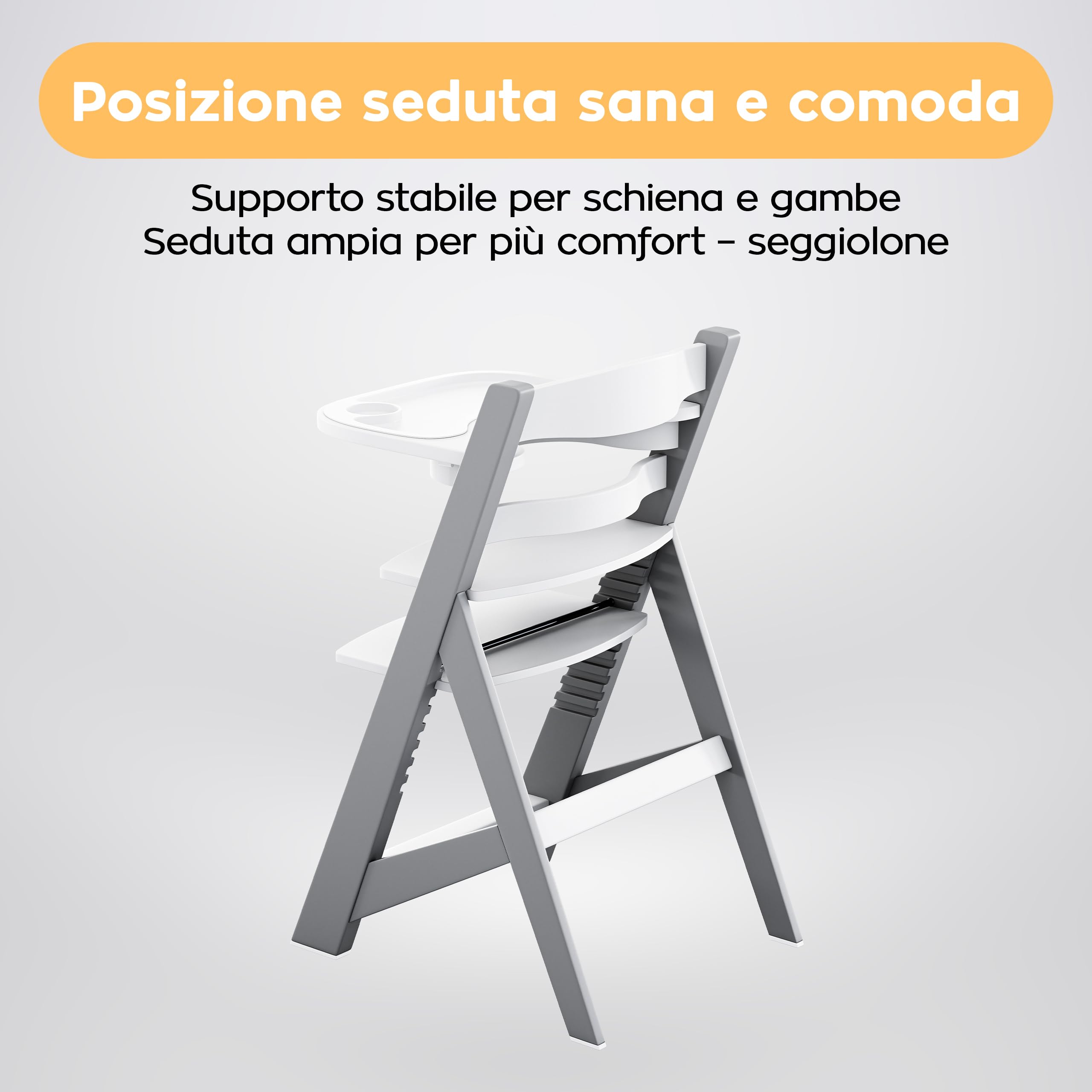 Tulano Morsel 40 - Seggiolone Evolutivo 4 in 1 per Pappa in Legno | Sedia evolutiva con 11 livelli vassoio lavabile cuscini impermeabili e uso da 6 mesi a 12 anni - Grigio Bianco