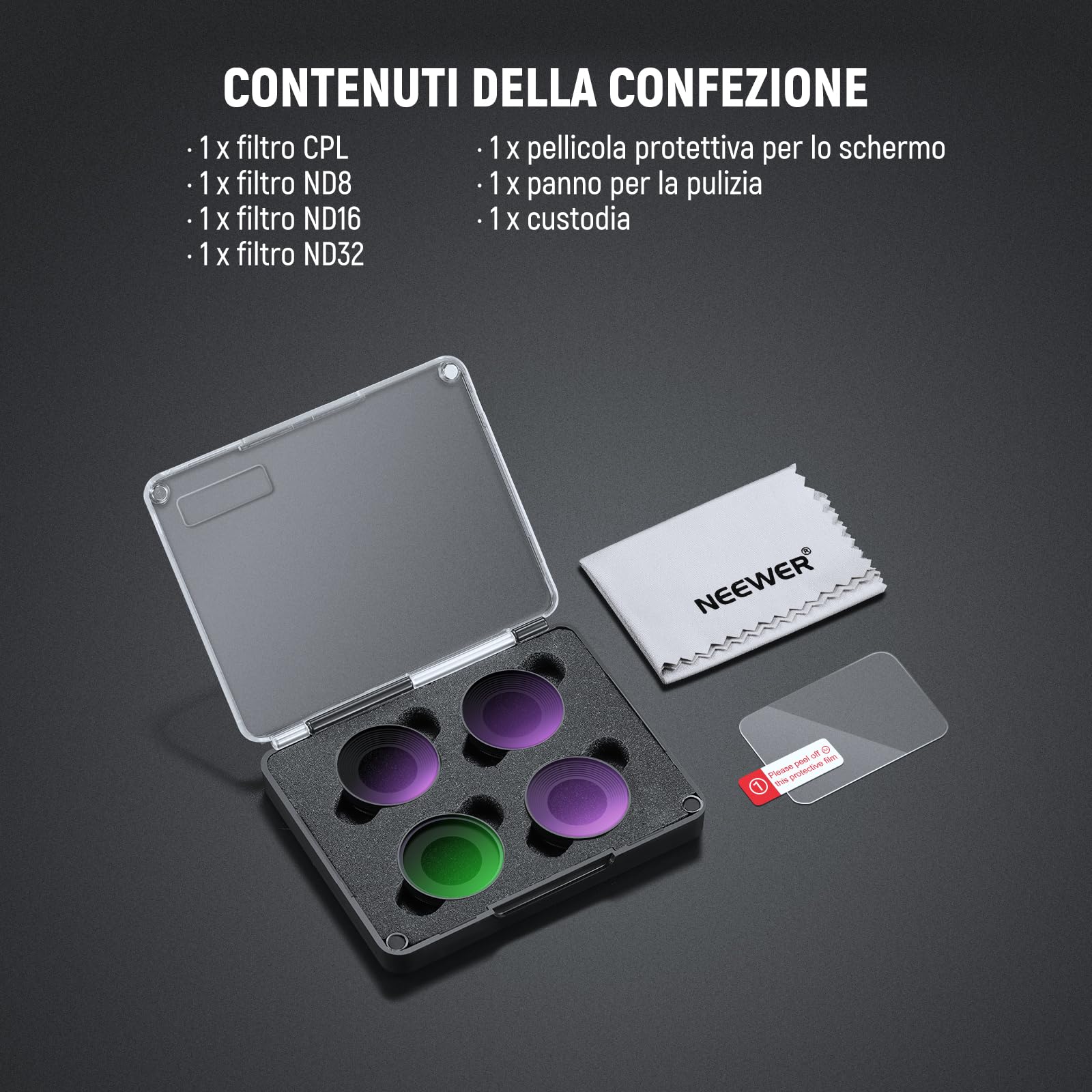 NEEWER Set di Filtro ND Compatibile con DJI Osmo Nano, ND8/16/32/CPL, Filtri a Densità Neutra Avvitabile in Vetro Ottico Multistrato per Obiettivo Action Cam, Accessori con Protezione Schermo, 4 Pezzi