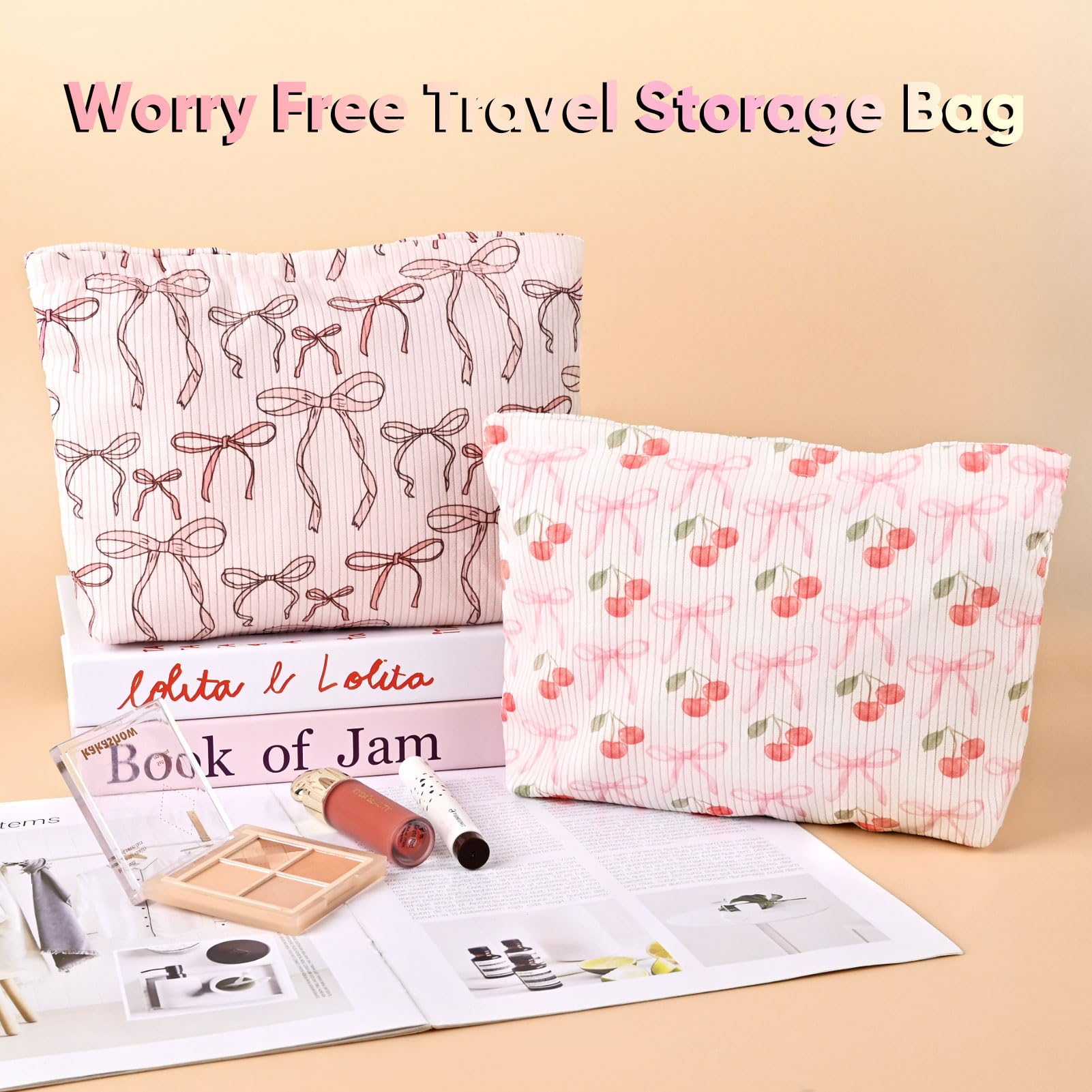 Ksriylm Cute Cosmetic Bag for Women,Cherry and Bow Canvas Toiletry Organizer Storage with Purse Zipper,Small Pink Multifunctional Travel Makeup Bag,Aesthetic Travel Toiletry Bags - Image 3