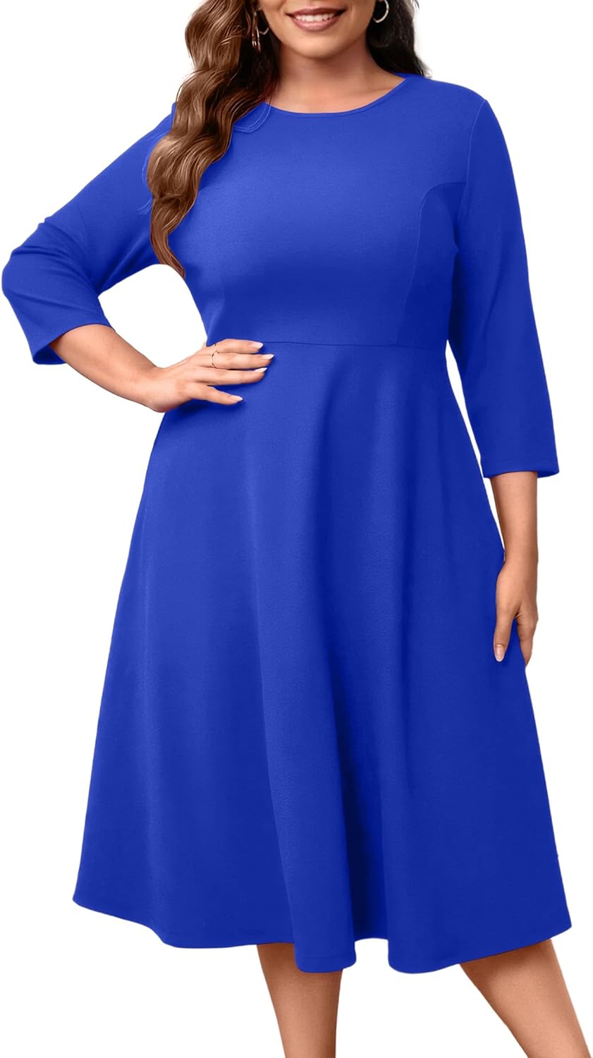 Runwind Women's Plus Size Midi Dress Classy High Waist Wedding Guest Dress Casual Crew Neck 3/4 Sleeve A-Line Swing Dresses - Image 4