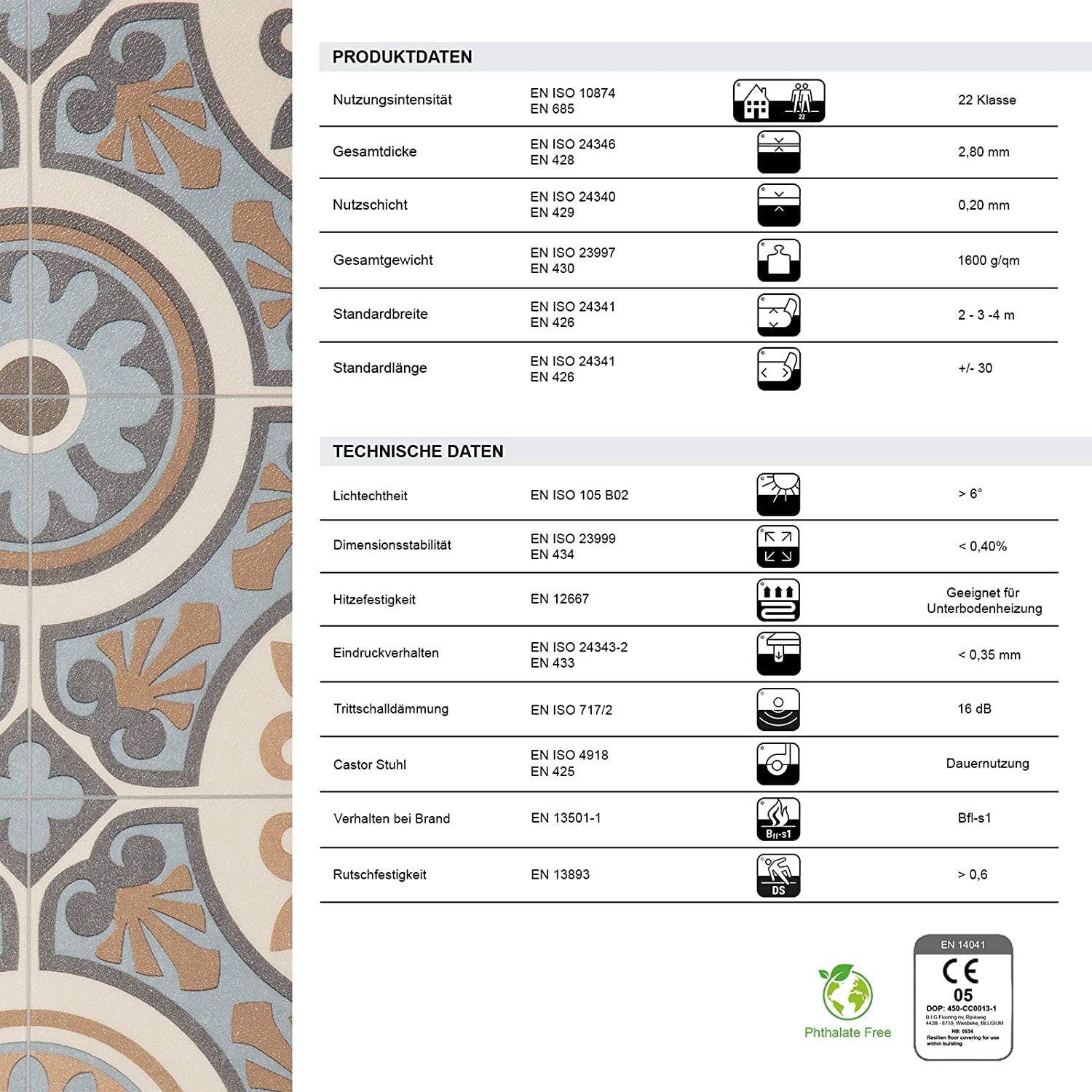 PLAZA Lagos 761M - Revestimiento de suelo de vinilo acolchado/PVC (espumado), muy resistente a la abrasión, efecto baldosa elegante, superficie en relieve, se vende por metros (200 x 400 cm)