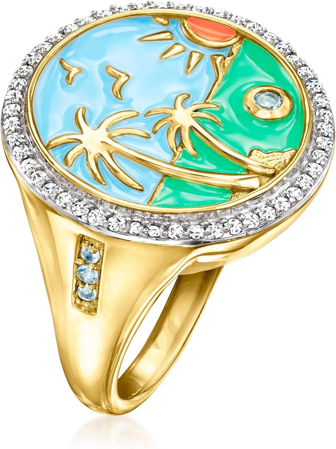 Ross-Simons 0.30 ct. t.w. White Topaz and Multicolored Enamel Beach Ring With .10 Carat Swiss Blue Topaz in 18kt Gold Over Sterling - Image 3