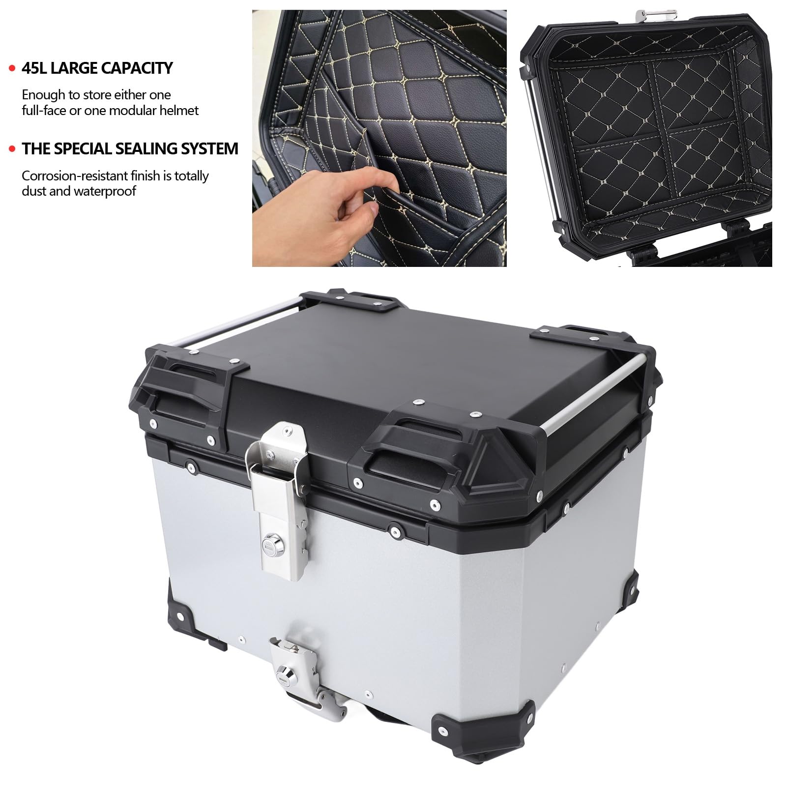 CHICIRIS Motorrad-Topcase, 45 L, Wasserdichter Motorradkoffer aus 5052-Aluminiumlegierung mit Schnellverschluss, Rückenlehne und Griff mit Lederfutter, Aufbewahrungsbox für den Hinteren Helm für