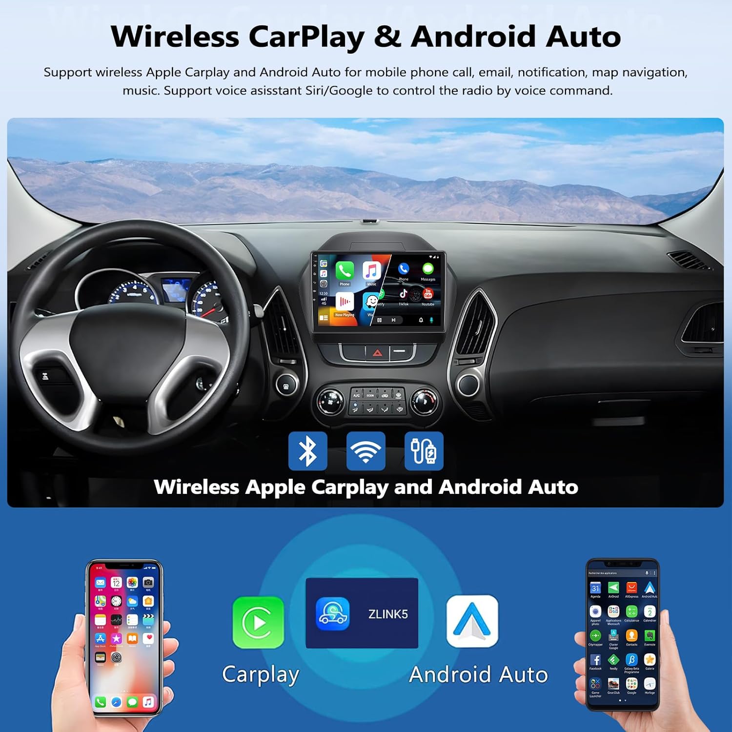 2G+64G Car Radio for Hyundai Tucson IX35 2010-2015 with Wireless CarPlay Android Auto, Android 13 Head Unit, 10.1" Touch Screen Car Stereo with Bluetooth FM WiFi GPS Navigation HD Backup Camera