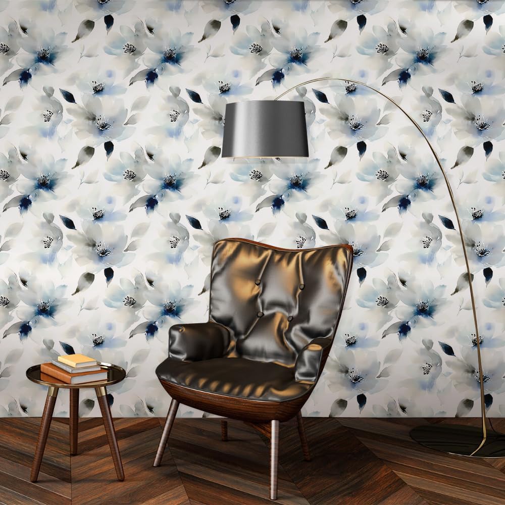 18"x236" Blue White Leaf Petals Peel and Stick Wallpaper Easy Peel Off Contact Paper Vintage Vinyl Self Adhesive Removable Stick on Wall Paper for Kitchen Cabinet Renter Friendly