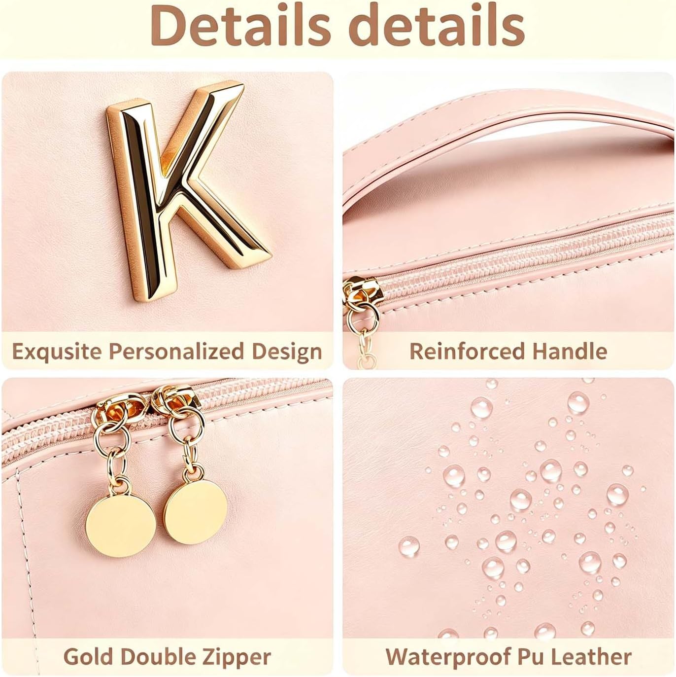 YOPCDJ Personalized Initial Makeup Bag for Women, Large Travel Cosmetic Case with Clear Divider and Handle, Open Flat Toiletry Organizer, Birthday Gift for Teen Girls (Pink-K) image 4