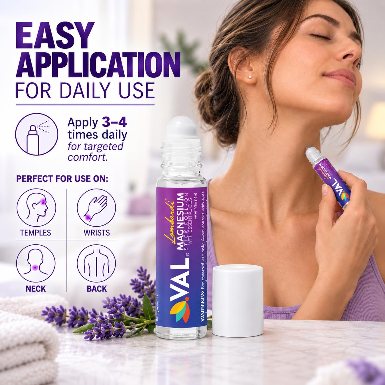 VAL Lombardi Magnesium Stick Rollon with Peppermint & Other Essential Oils - Cooling Comfort for Your Head. Metal Roller. Made in the USA. 10 ml. — Amazon image 6