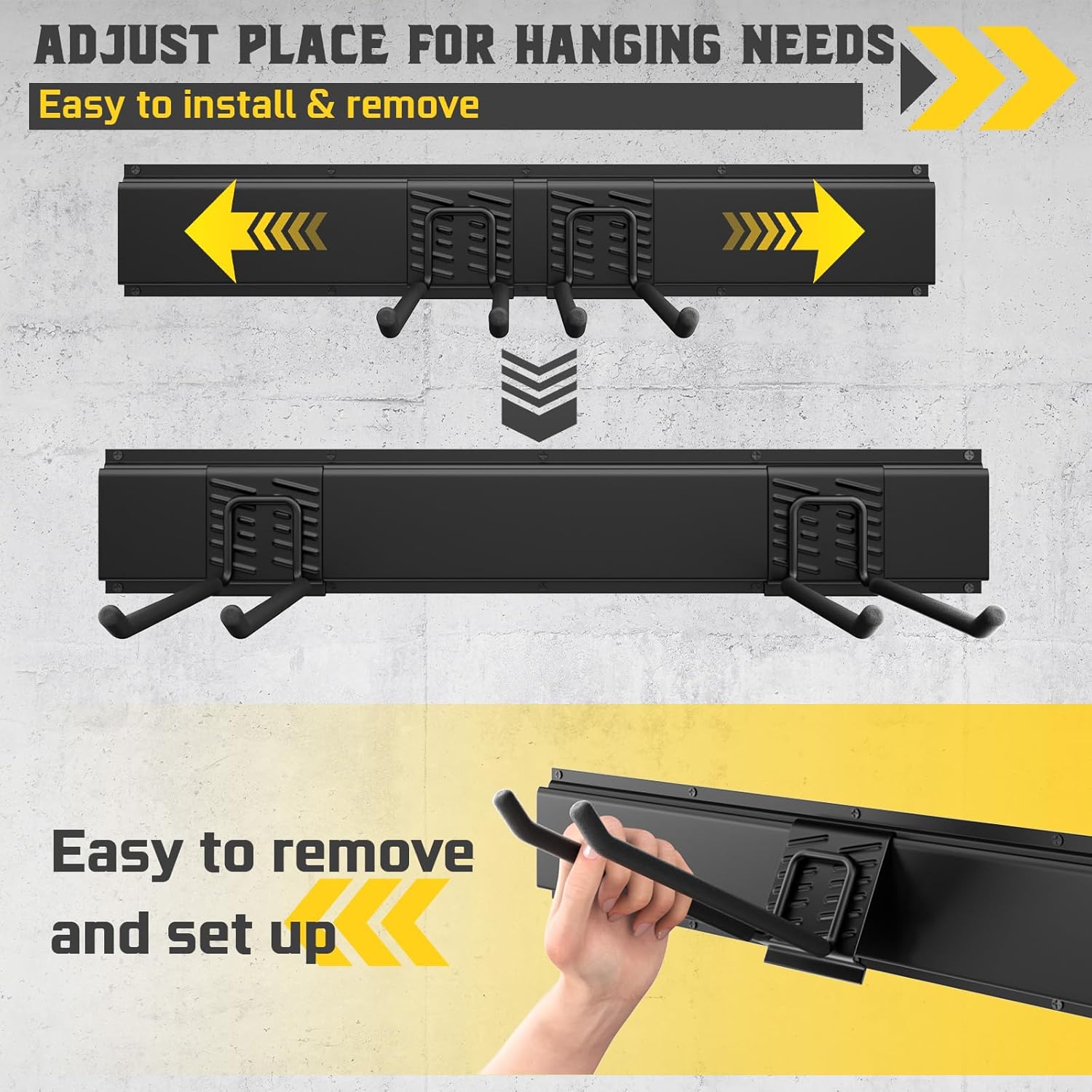 64" Garage Tool Organizer Wall Mount, 900 lbs Heavy Duty Steel Garden Tool Storage Rack with 12 Adjustable Hooks for Yard, Shed, Garage (4 Racks, 12 Hooks, 2 Straps)