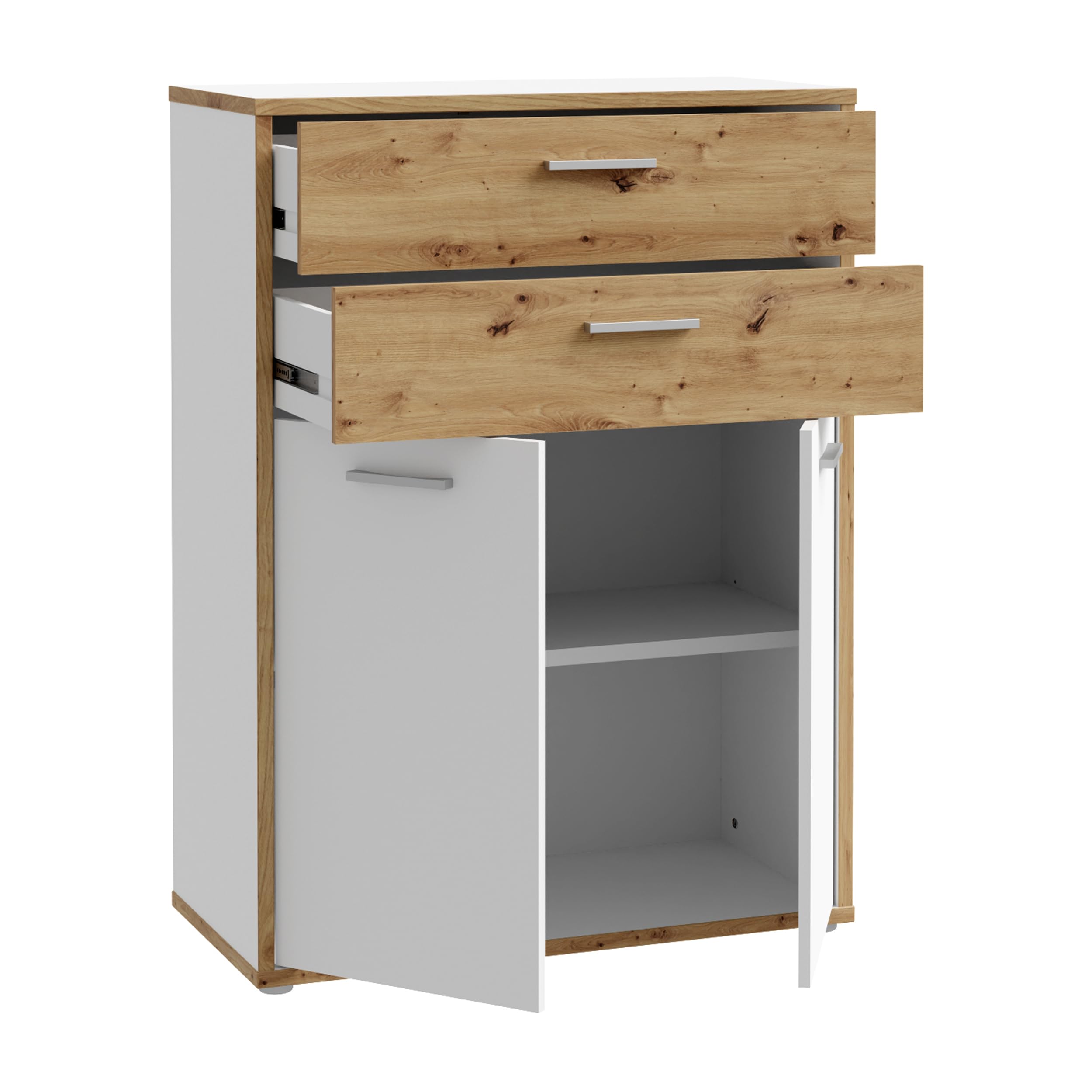 Forte KEFLAVIK Schrank 80 90, moderner Büroschrank mit 2 Türen und Schublade, Holzwerkstoff, Artisan Eiche Holzdekor | Weiß, 84,5 cm breit x 115,1 cm hoch x 41,5 cm tief