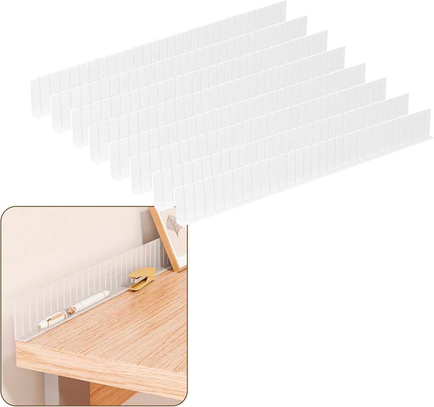 Anti-Fall Shelf Edge Guardrail for Mirror Cabinet & Vanity, 15.7" Cut-to-Size Plastic Barrier, Adhesive Edge Protector for Bathroom,Desk, Stops Items from Falling into Gap (8, Semi-Transparent)