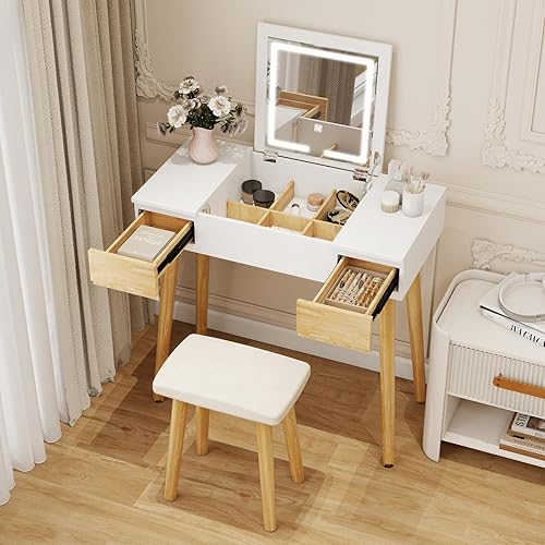 YOURLITE Makeup Vanity Desk with Flip-top Mirror and Lights, 3-in-1 Makeup Vanity Table with 2 Drawers and Cushioned Stool, Writing Desk Dressing Table Vanity Set