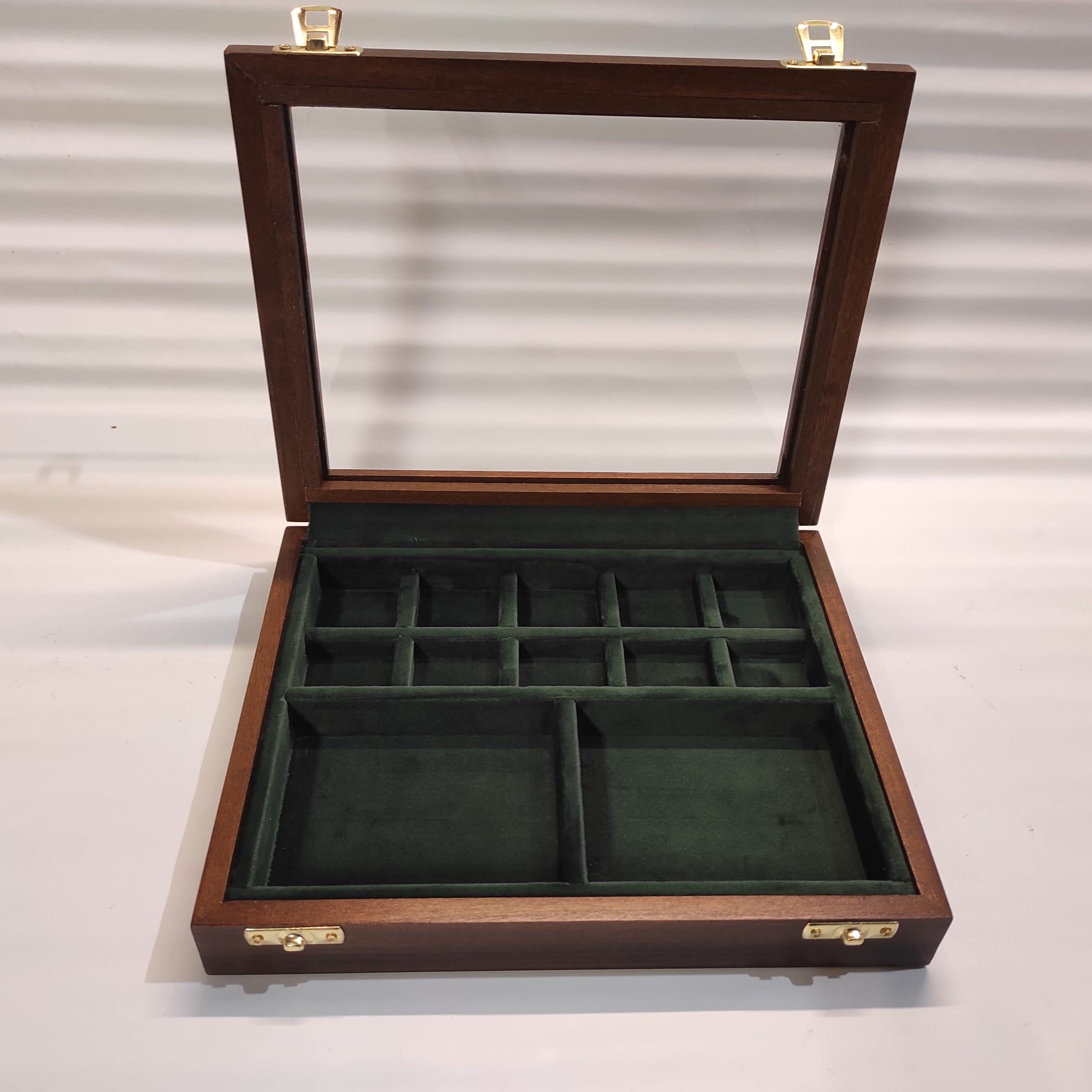 Expositor de Madera y Cristal para Monedas, fósiles y Conchas, 12 Compartimentos, Caja coleccionista Artesanal Hecha a Mano, numerada, con Certificado de autenticidad
