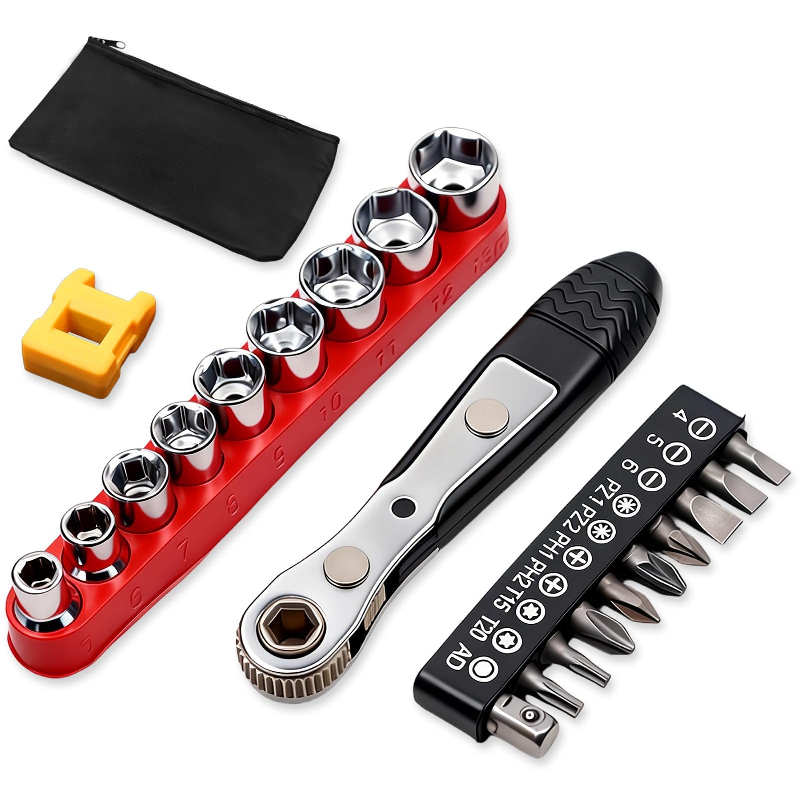 Carraca Pequeña 1/4 Pulgada, 110 mm Juego de Mini Destornilladores de Trinquete Reversible, Magnético Destornillador de Ángulo Recto con 36 Dientes, para Automóviles, Bicicletas, DIY