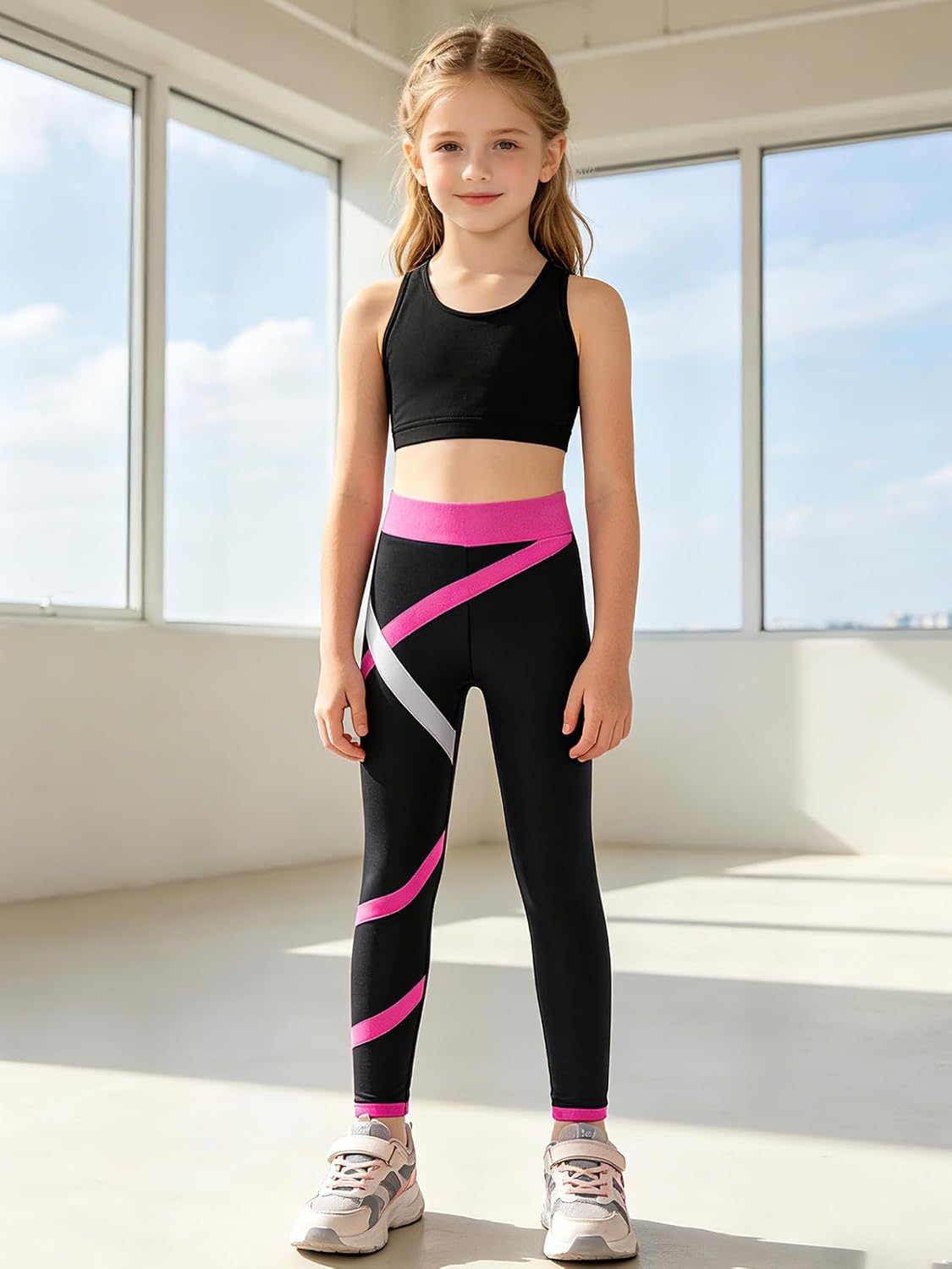 Kids Girls Dance Outfits Sleeveless Crop Top with Shorts Leggings Set Gymnastics Yoga Training Suit