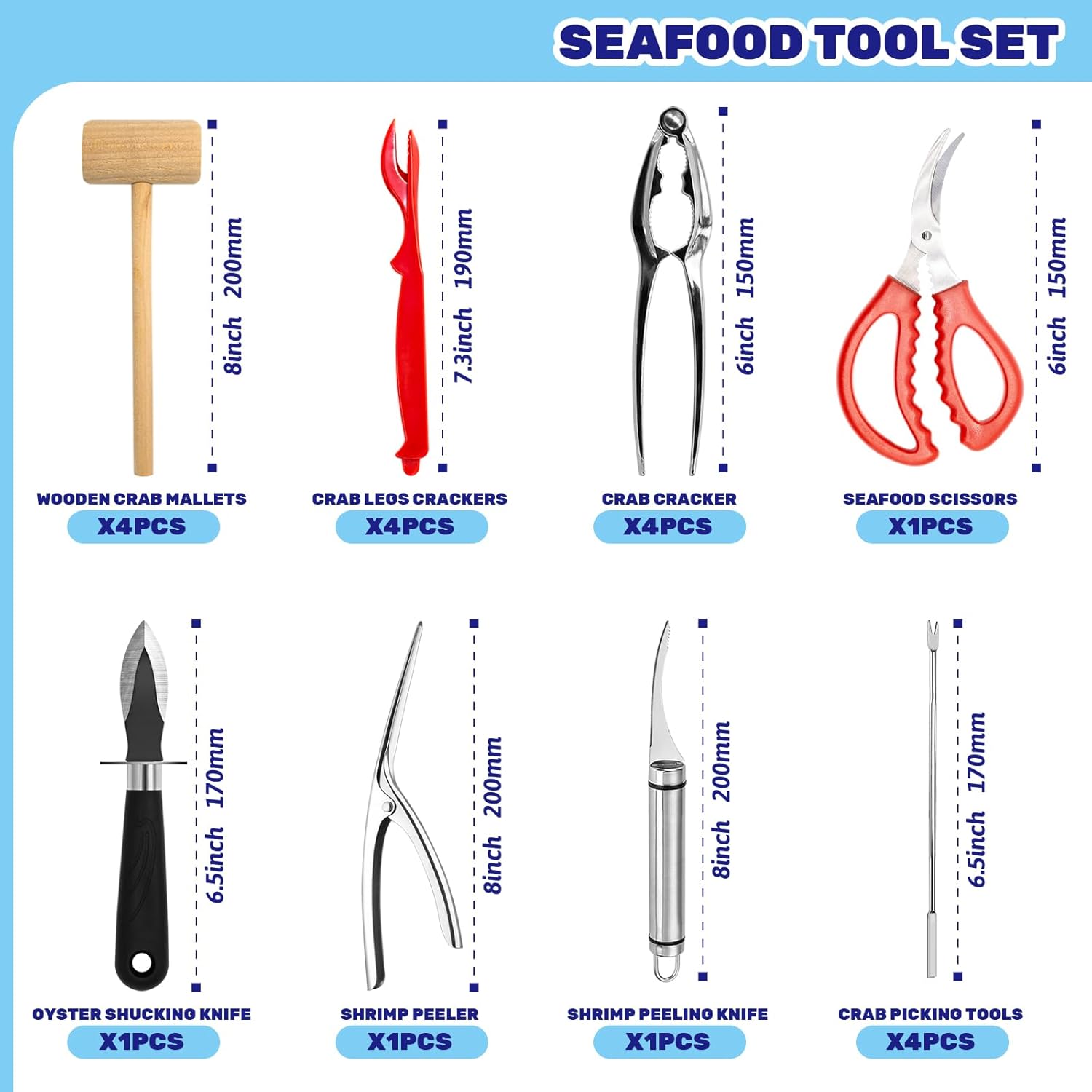 19Pcs Seafood Tools Includes Sea Food Scissors, Crab Crackers, Oyster Knife, Lobster Crackers, Crab Hammer and Shellfish Forks, Nutcracker Set for Restaurants, Picnic and Home Use