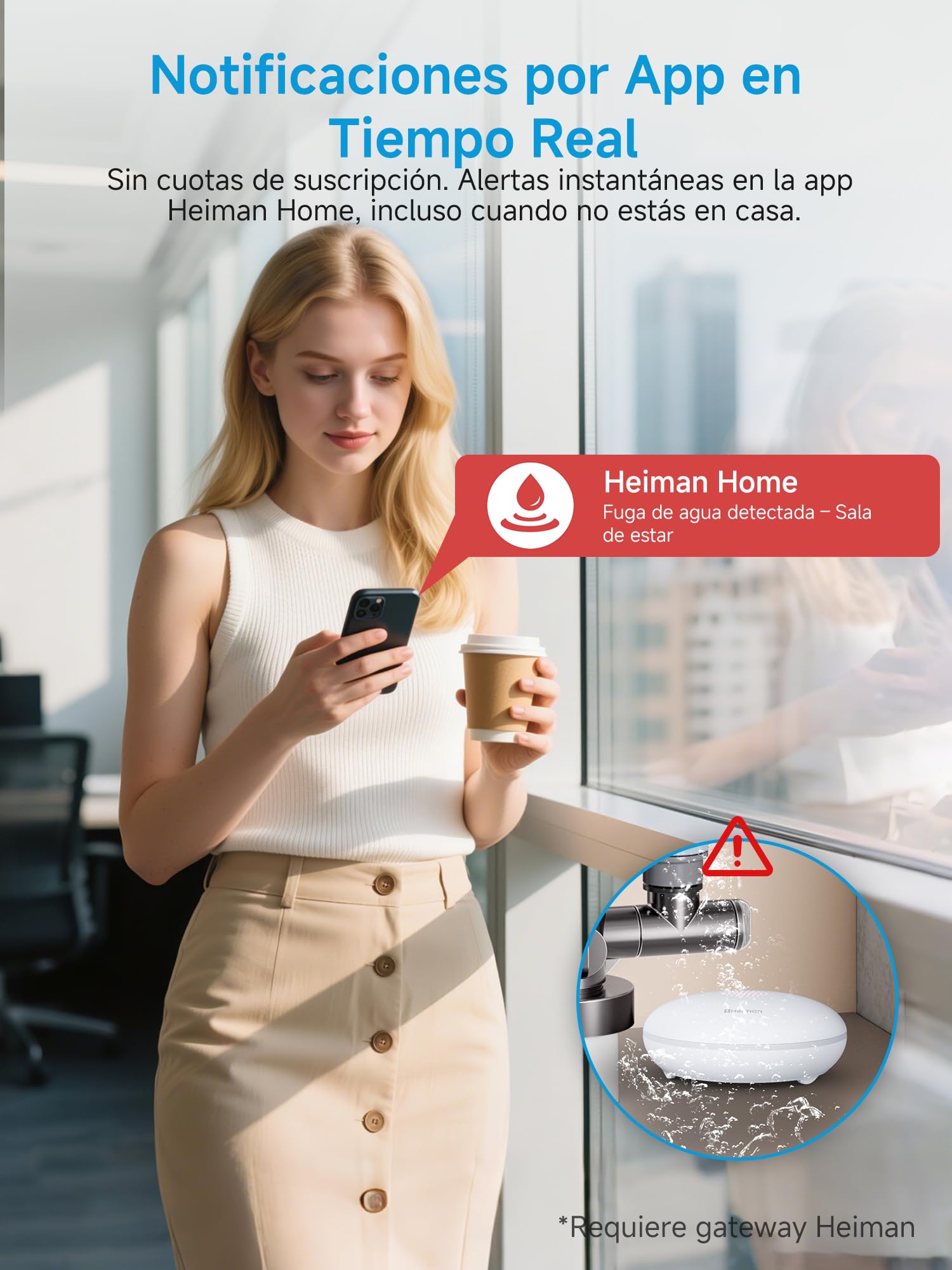 Heiman Detector de Fugas de Agua Inteligente con Gateway (Hub), Alerta App, Batería 10 Años, IP67 Impermeable, Sensor WiFi para Sótano & Cocina, Kit de Alarma de Inundación (Solo 2,4GHz)