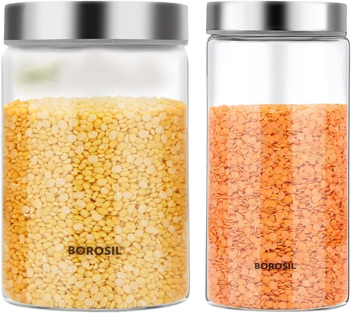 Borosil - Endura Glass Storage Jar With Stainless Steel Lid, 900 Ml & Borosil - Endura Glass Storage Jar With Stainless Steel Lid, 1.2 Liter