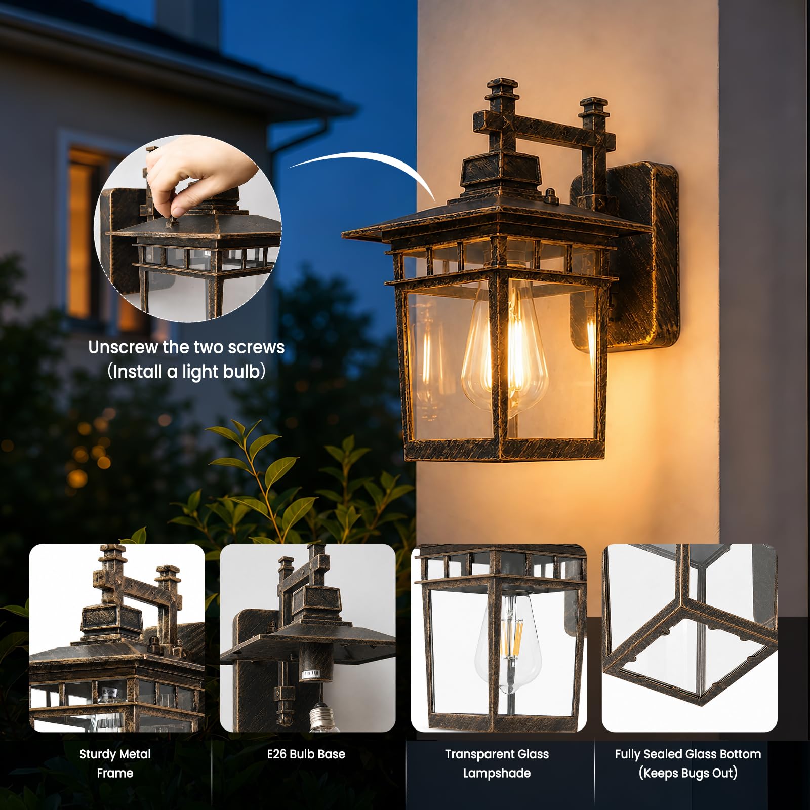 Lampada da parete per esterni, con vetro trasparente, IP44, impermeabile, da parete, vintage, per esterni, balcone, lampada da parete (bronzo, 40 W)