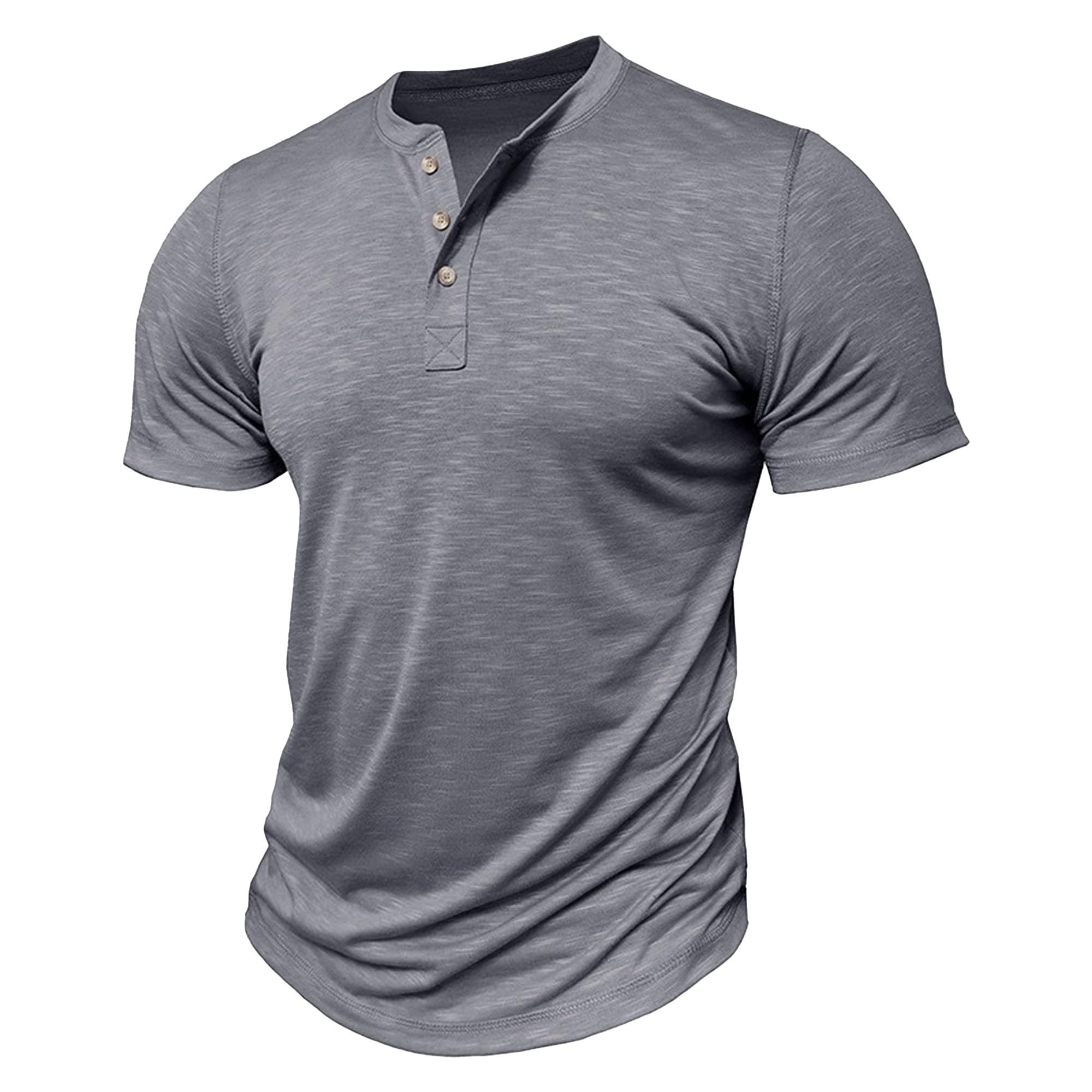 Zylphorix Men Solid Short Sleeve Henry Shirts Quarter Button Round Collar T Shirt Summer Street Outdoor Daily Pullover (Grey,XX-Large)