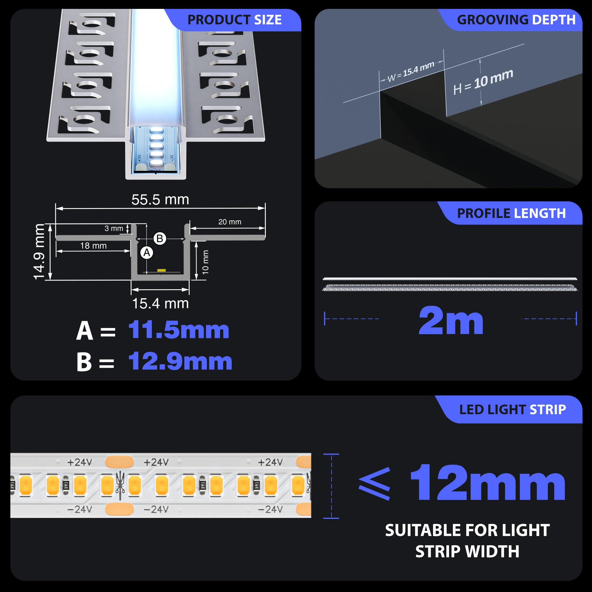 6 profili in alluminio per cartongesso, 2 m, binario da incasso con diffusore per strisce LED fino a 12,6 mm, canale di montaggio per illuminazione indiretta a soffitto