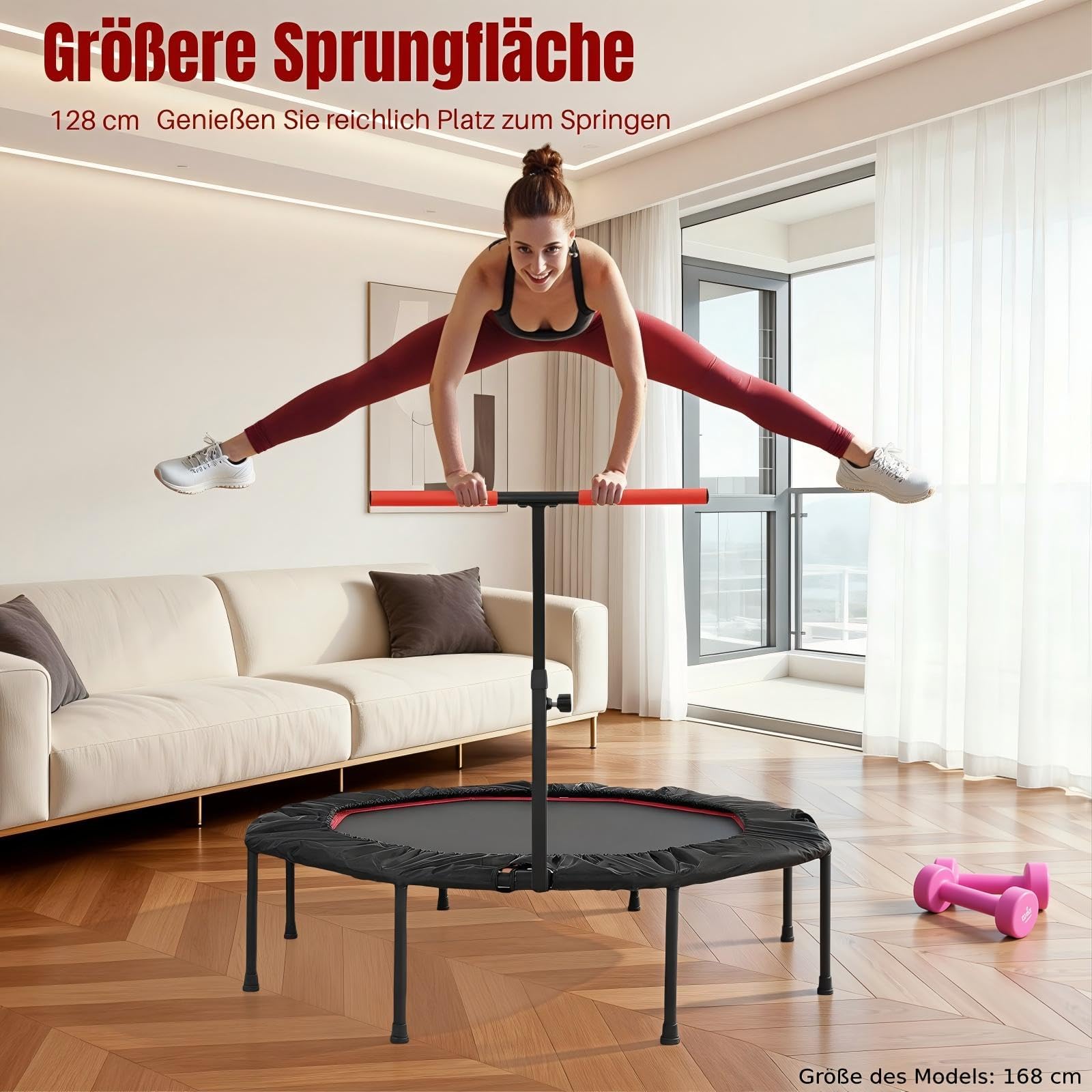 LIFERUN Mini Trampoline d'intérieur pour Adultes Ø 128 cm,Petit Trampoline de Fitness,Saut rebondissant,Capacité de Charge 150 kg,Corde en Caoutchouc,Poignées réglables en Hauteur,Maison, Rouge