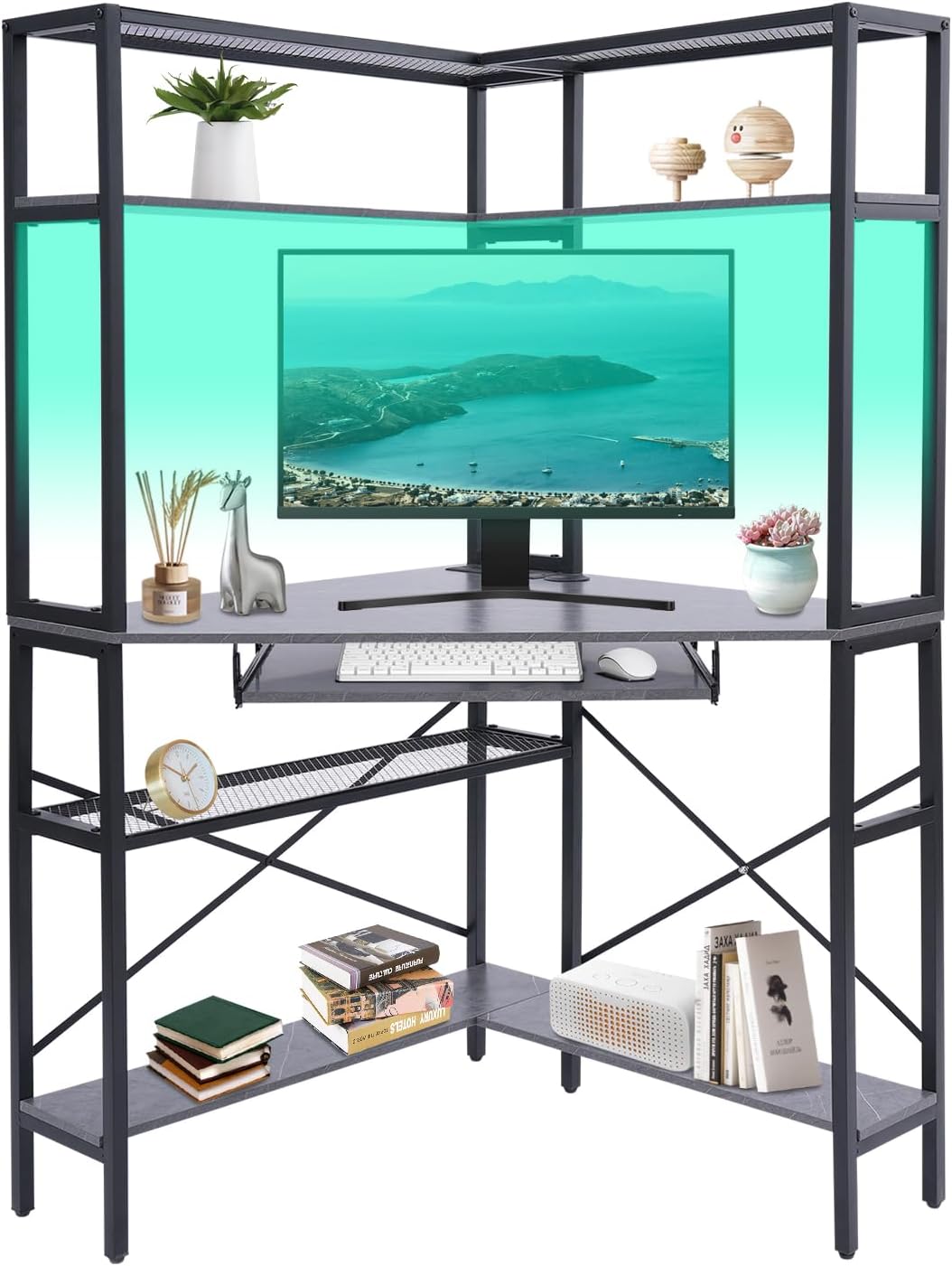 Corner Desk, Triangle Corner Computer Desk with Hutch LED Lights, Small Computer Desk with Keyboard Tray and USB Ports for Small Space, Home Office Desk (Gray)