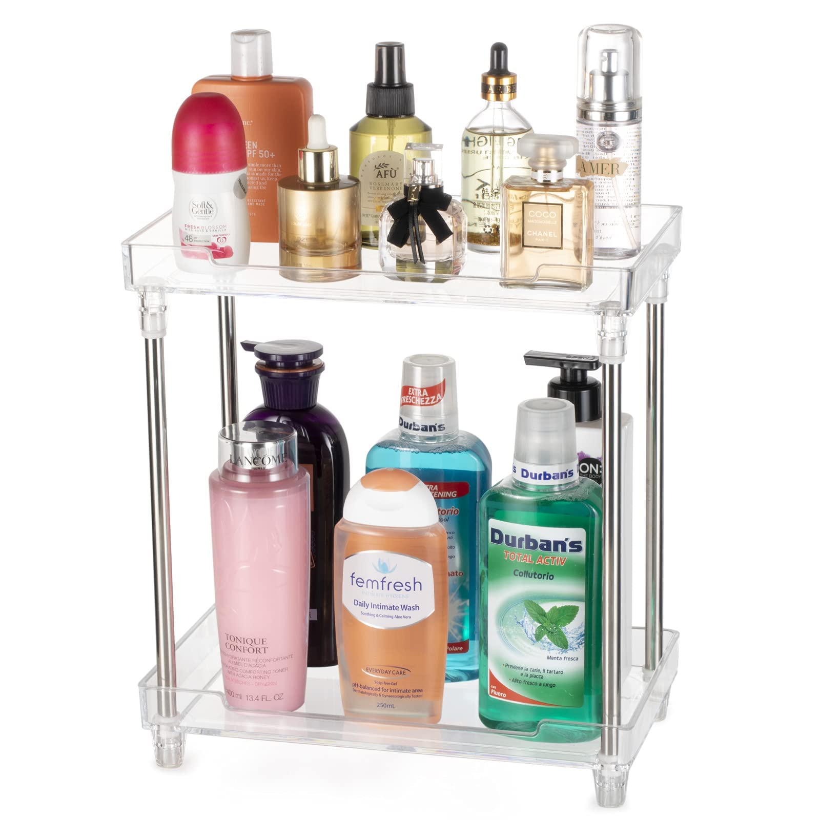 Cranviech 2-Tire Bathroom Organizer Countertop, Multi-Functional Acrylic Organizer in Vanity Dresser Bathroom and More, Vanity Tray Corner Shelf for Makeup Cosmetic Perfume Skincare Bathroom