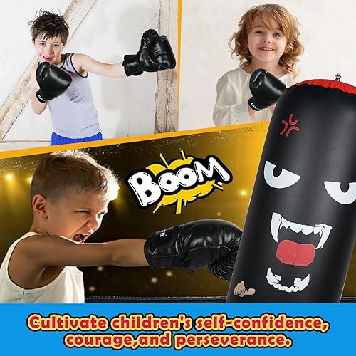 Miniatura 4 de Juego de saco de boxeo inflable independiente para niños con guantes y bomba de aire, diseñado para niños de 4 a 12 años, descompresión segura, la