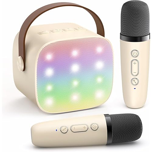 Mini Karaoke Machine with 2 Wireless Microphones for Kids Adults, Portable Bluetooth Speaker Gift for Girls Toys 4, 5, 6, 7, 8, 10, 12+ Years Old Teens Birthday(Beige)