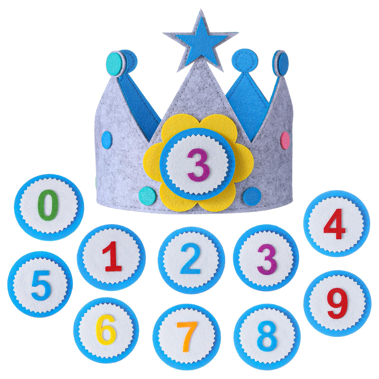 Matwsec 1 Birthday Crown Hat with Replaceable 0-9 Numbers, Toddler Boy Kids Birthday Crown, 3D Stickers Felt Fabric Party Hat, Blue (22.4 X 7.5 In)