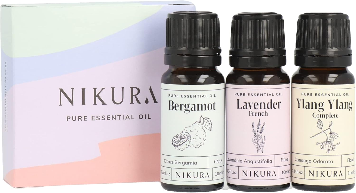Nikura Favourites Essential Oils Set – 3 x 10ml | Essential Oils for Diffusers for Home, Sleep, Relaxing, Hair, Aromatherapy | Bergamot, Lavender & Ylang Ylang Gift Set | 100% Pure and Natural