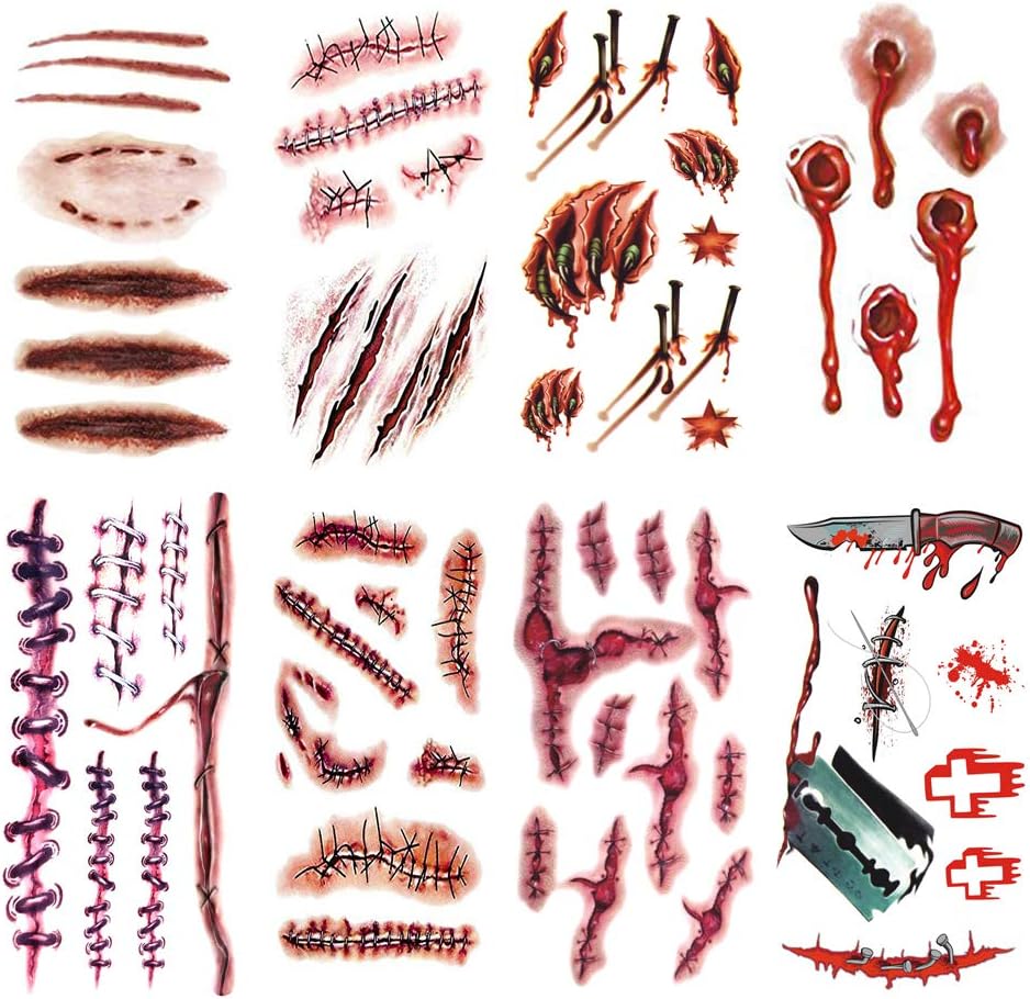 Temporary Tattoos Halloween Tattoos Costumes Fake Scars Tattoos Halloween Injury Blood Wound Makeup for Party Horror Cosplay Costume 8 Sheets