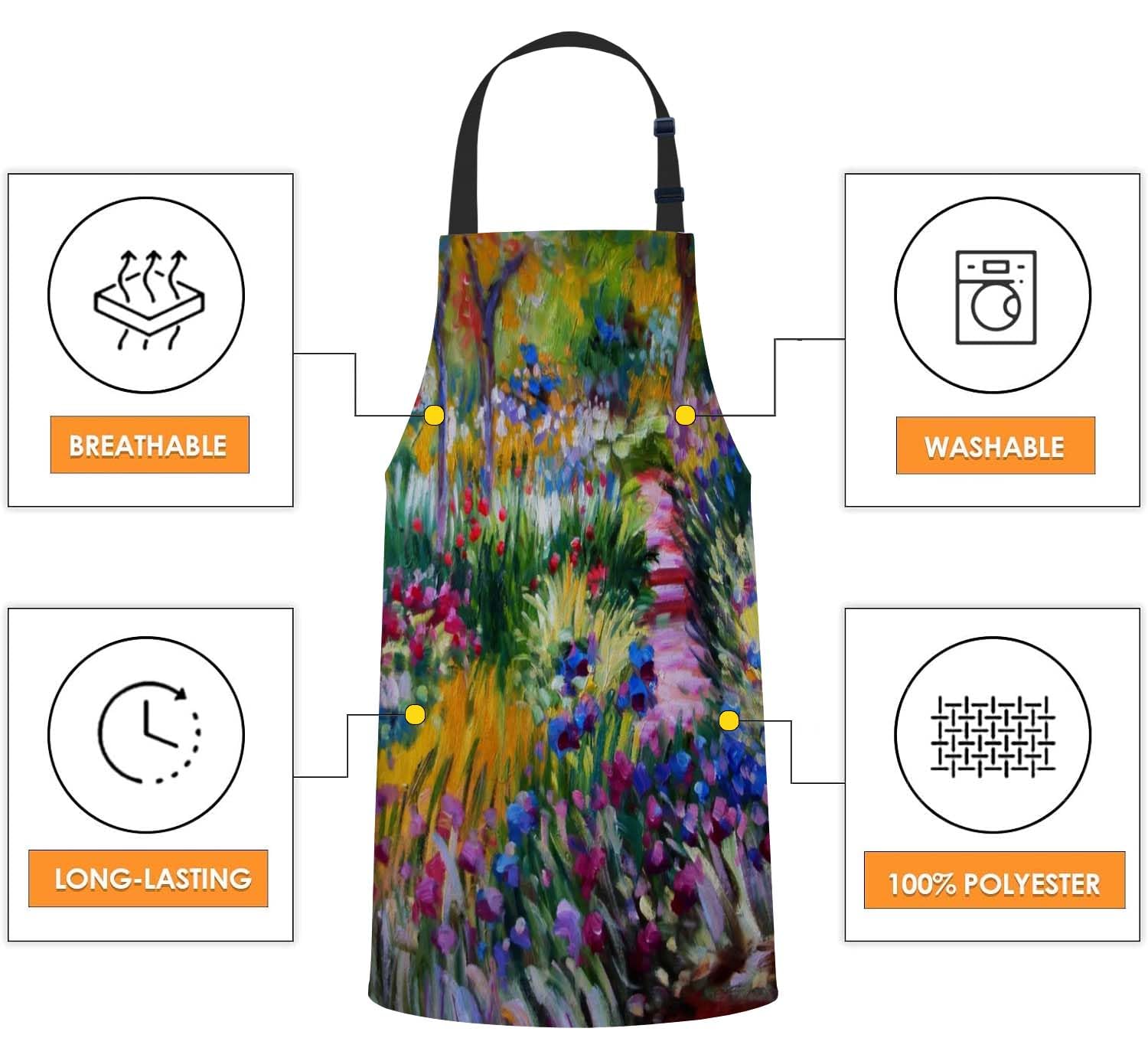 Smooffly Monet Iris Garden Apron - Unisex Adjustable Bib Apron for Cooking Kitchen, Restaurant, Coffee House - Image 4