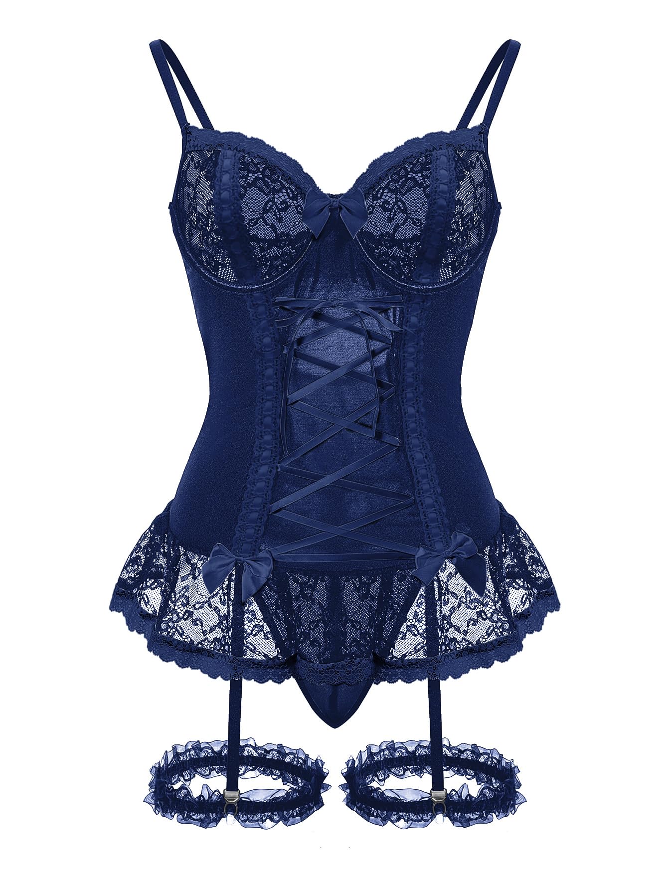 GXNRHG Corsé de Malla Sexy con Volantes y Encaje con Aros, Liguero Transparente, picardías, Conjunto de lencería con Tanga, 3 Piezas