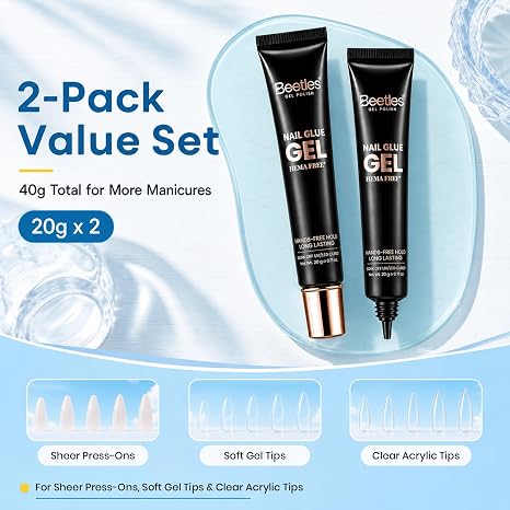 Beetles 2Pcs*20g UV Nail Glue, Hands-Free Soft Nail Tips Glue, HEMA Free