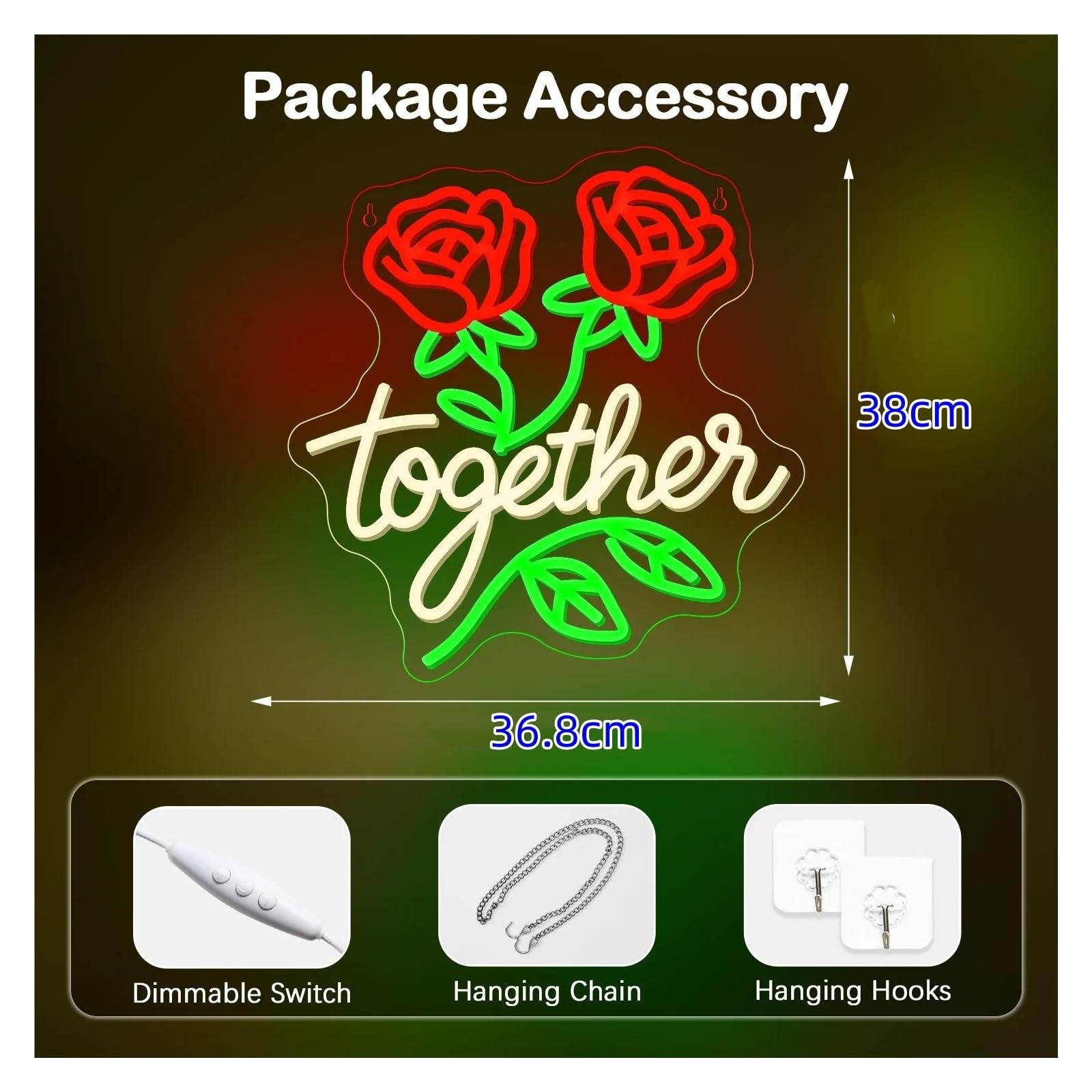 Luz de Diseño de Digital Letrero De Neón Together Con Rosa Roja Y Luz LED Regulable Para Decoración De Pared De Bodas, Fiestas Y El Hogar, Lámpara De Noche 38cmx36.8cm