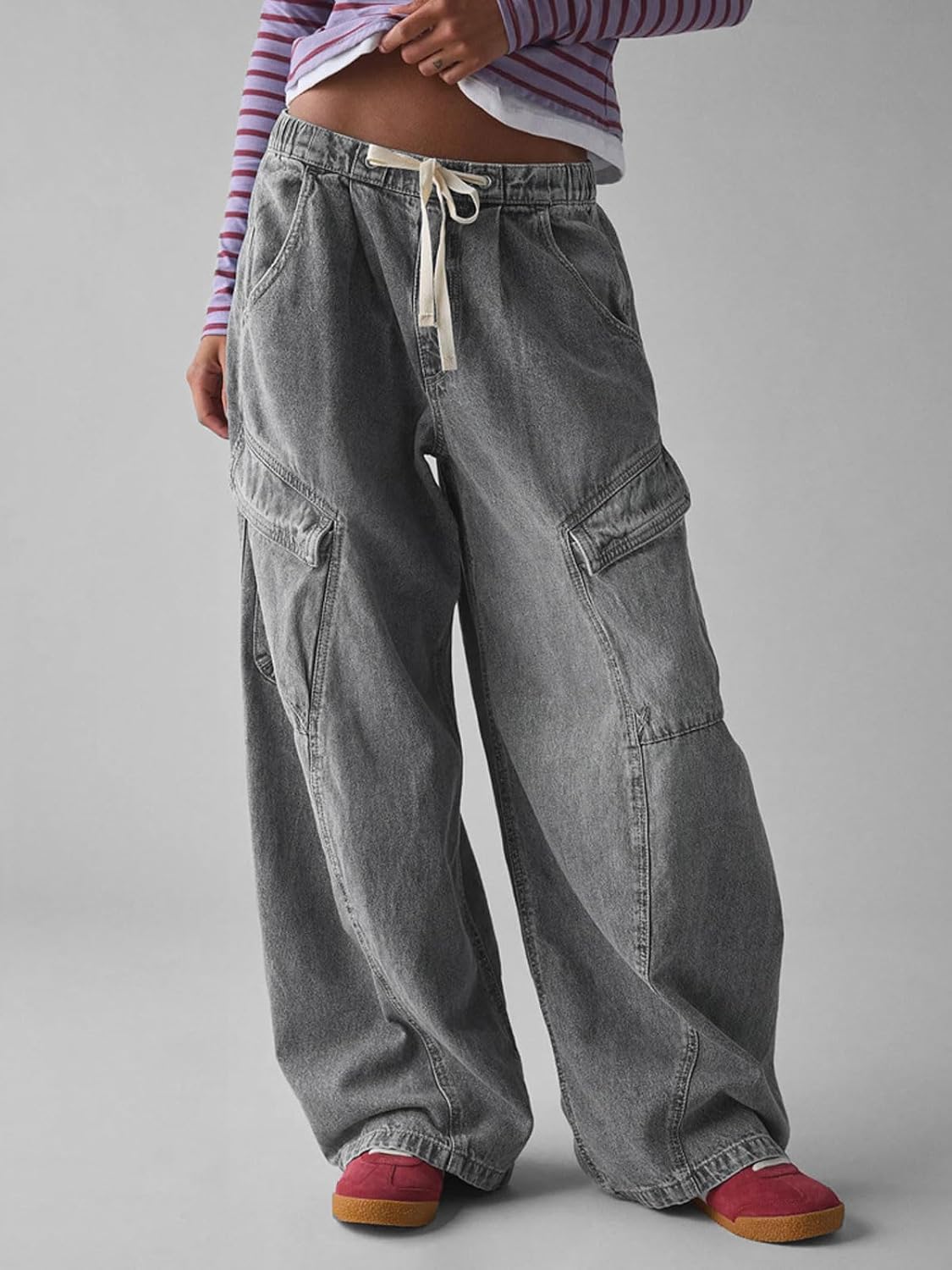CHARTOU Women Wide Leg Baggy Jeans Barrel Drawstring Denim Pants Cargo Elastic Mid Waist Sweatpants