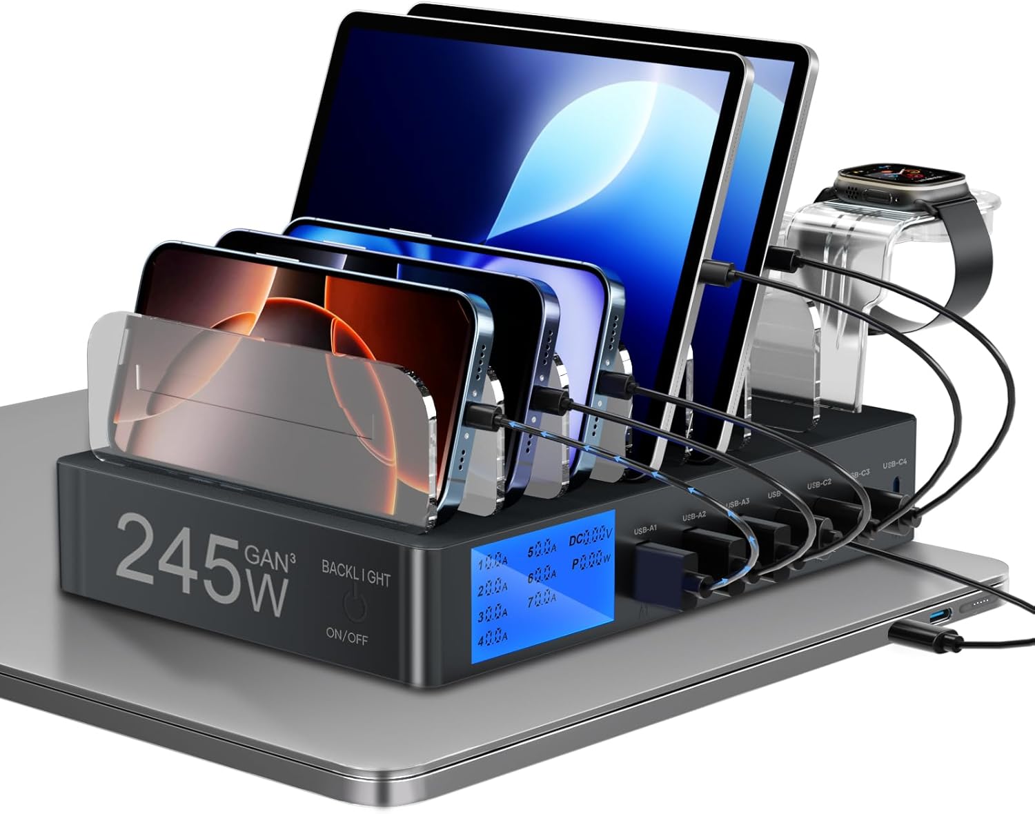 Charging Station for Multiple Devices, slitinto 245W 7-Port USB C Fast Charger Stations for MacBook, iPhone, iPad, Tablet, Family Multi Device Organizer with LCD Display, Black