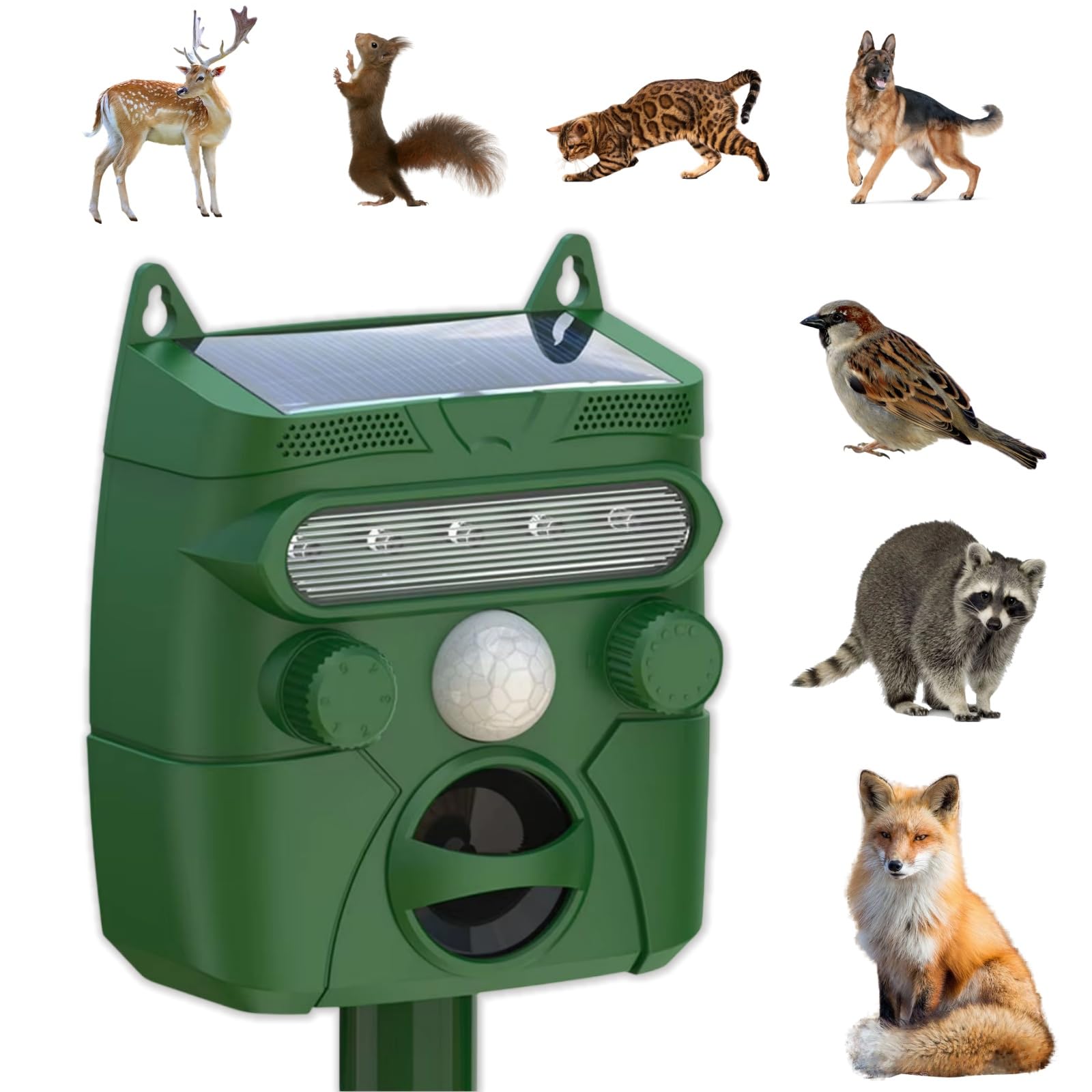 properly fox deterrent Solar Ultrasonic Animal Repeller with Motion Detection and Flashing LED, Effective Cat and Squirrel Repellent for Dogs, Skunks, Foxes, Deer, Birds - Outdoor Lawn and Yard