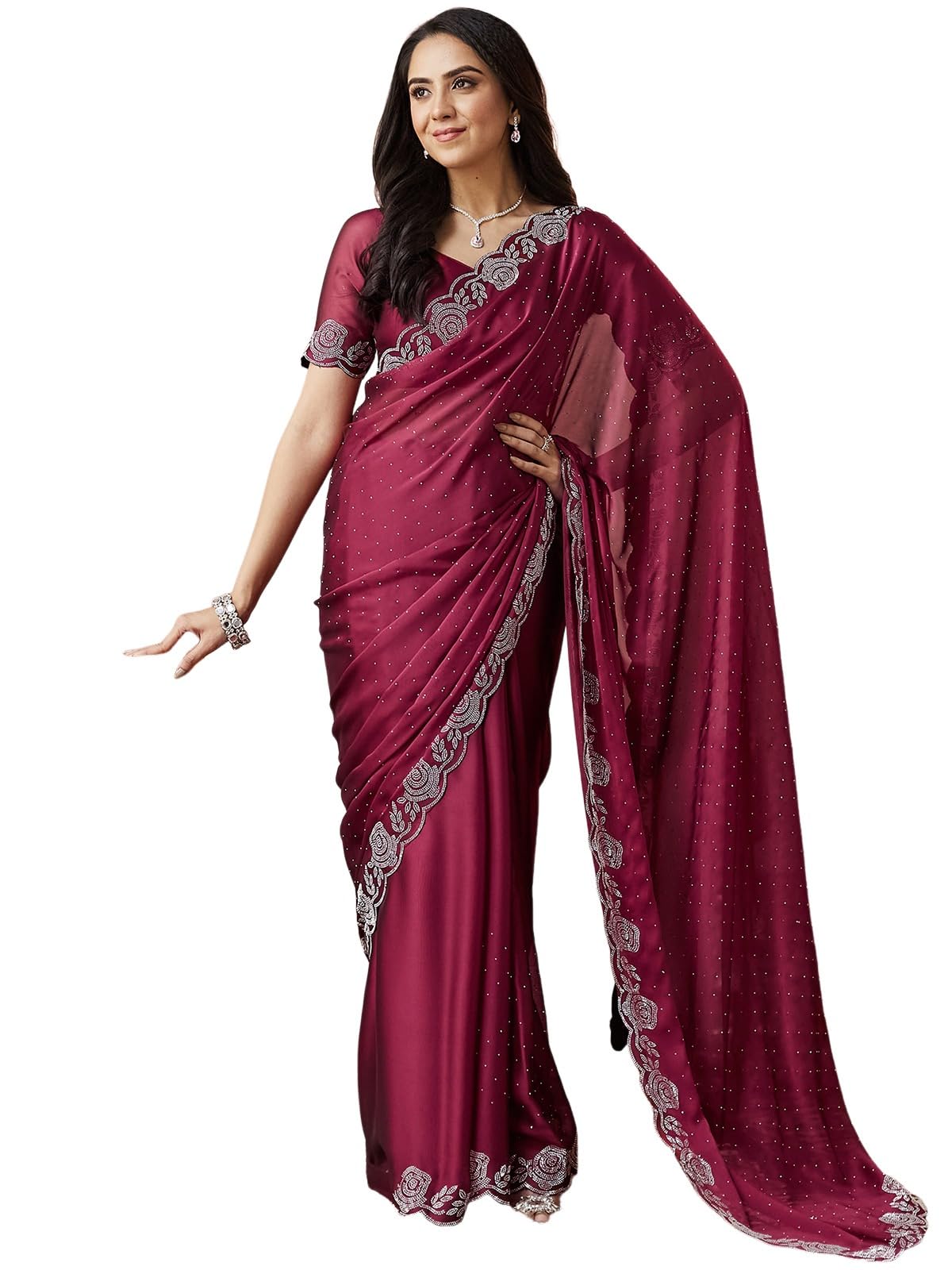 Satrani Women's Georgette Stone Work Saree With Unstitched Blouse Piece (4063S6384N_Wine)