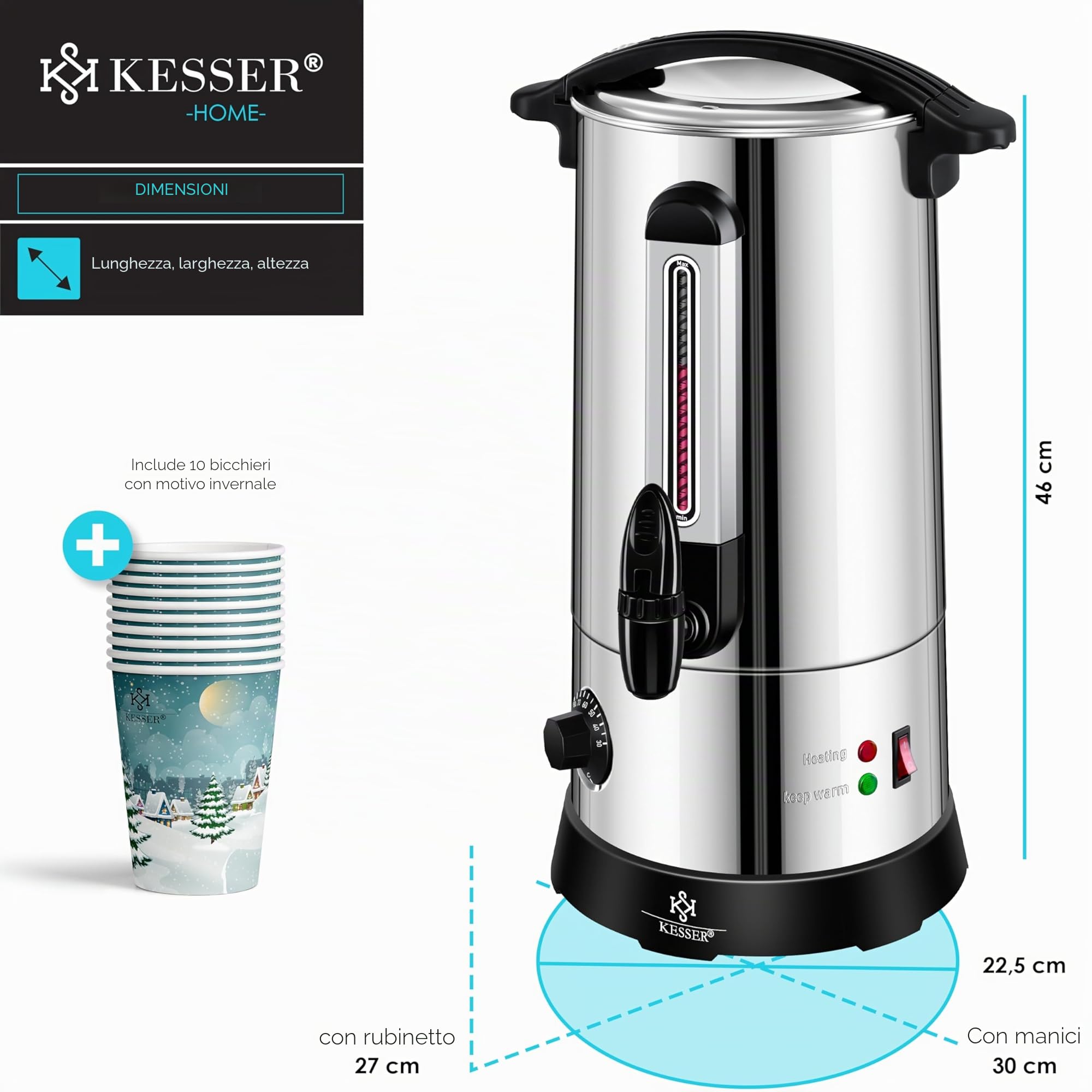 KESSER® Bollitore per vin brulé, 10 l, in acciaio inox, con 10 bicchieri per vin brulé, con termostato, macchina per bevande calde, distributore automatico di acqua calda, indicatore di livello