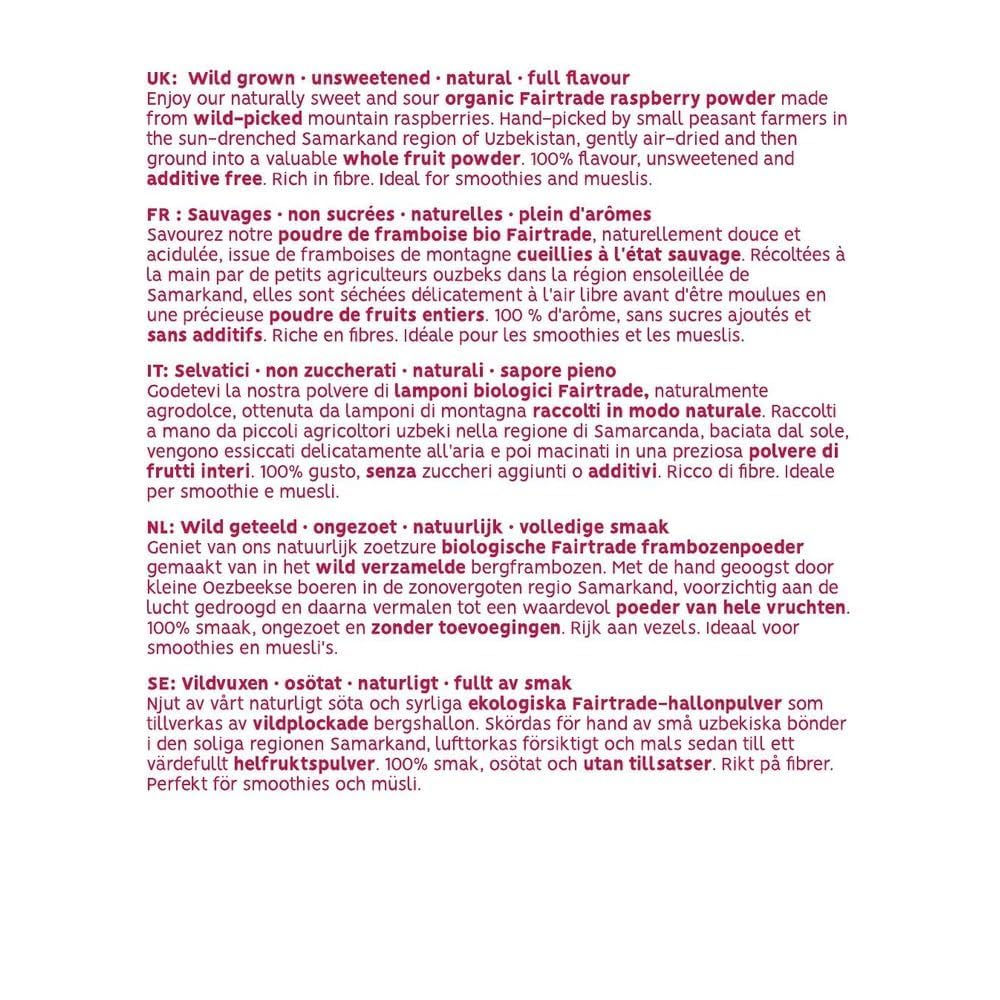PAKKA - Bio Fairtrade Himbeeren Pulver, Himbeerpulver, sonnengetrocknet, ungeölt, ohne Schwefelzusatz und ungesüßt, aus Wildsammlung, direkt von Kleinbauern aus Samarkand in Usbekistan, vegan 750g