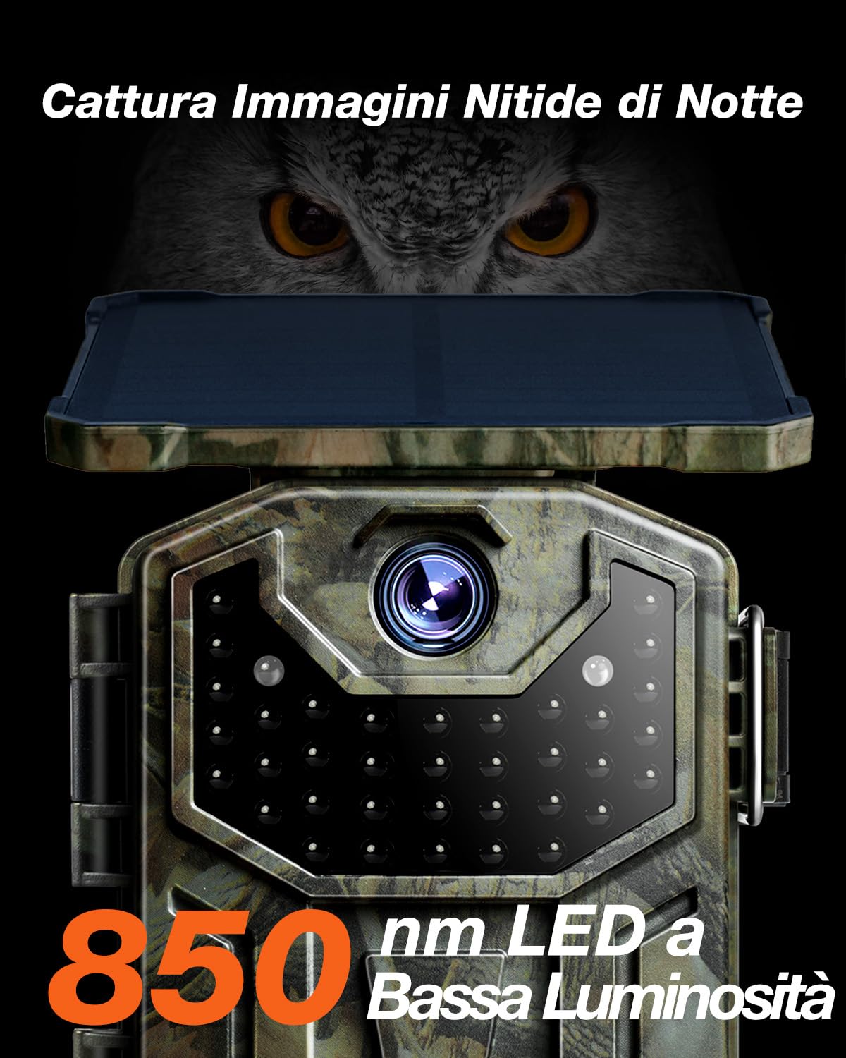 iZEEKER Fototrappola Solare 4K 30fps 48MP, Fototrappola Infrarossi con LED 850nm Batteria da 2600 mAh Impermeabile IP66, Senza Wi-Fi, Schermo LCD da 2,0" per la Sorveglianza della Fauna Selvatica