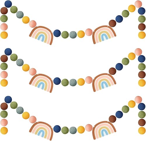 Rtteri Guirnalda de fieltro de arco iris, decoración bohemia para el aula, decoración de regreso a clases, guirnalda de pompones hecha a mano, bola