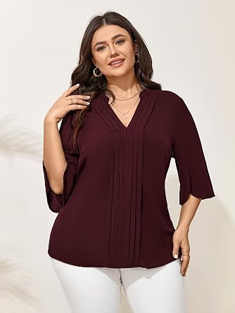 SCOMCHIC Women's Plus Size Blouses 3/4 Sleeve V Neck Pleated Shirts