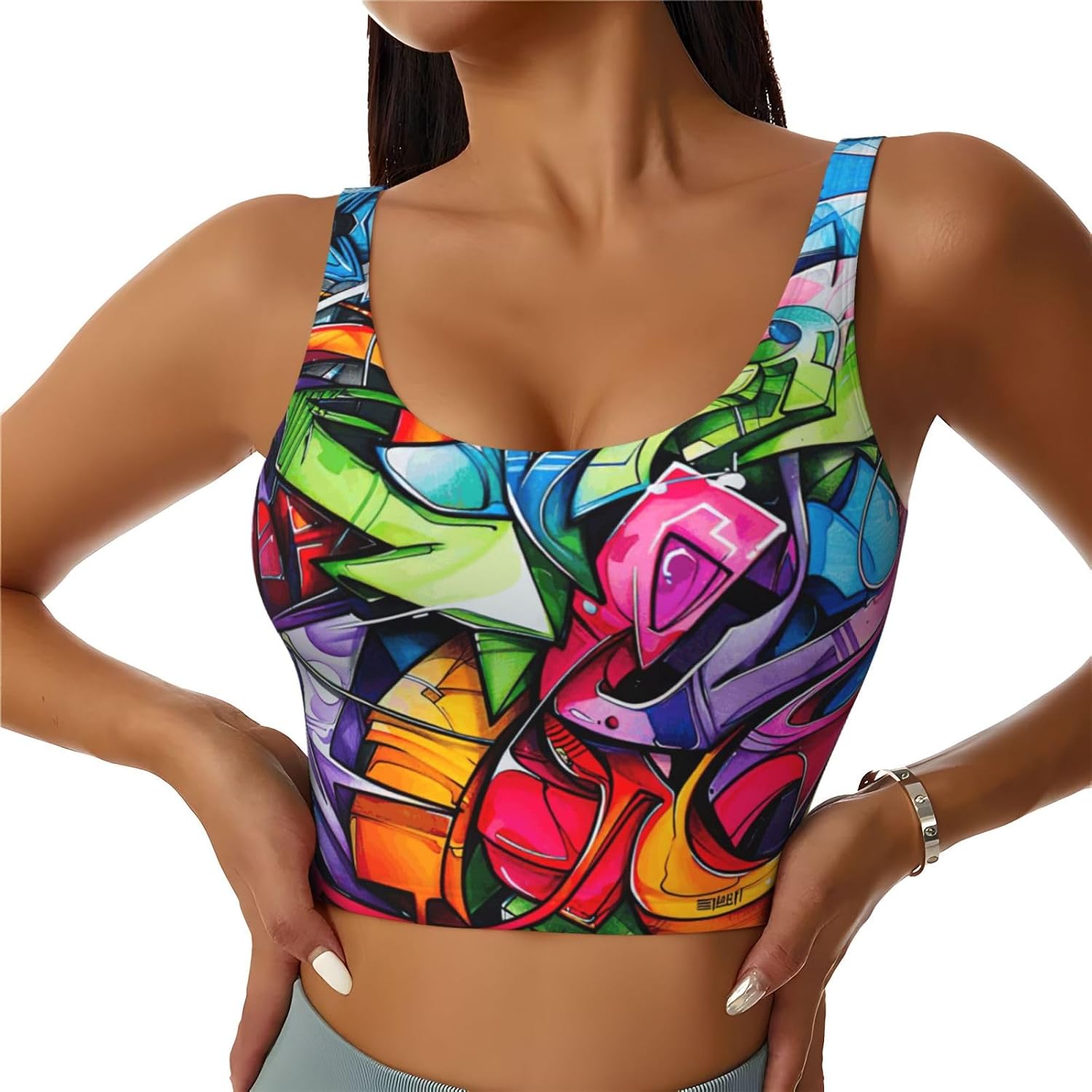 Graffiti Drawing Print High Impact Sports Bras,Longline Sports Bra,Perfect For Yoga,Running And Gym Workouts