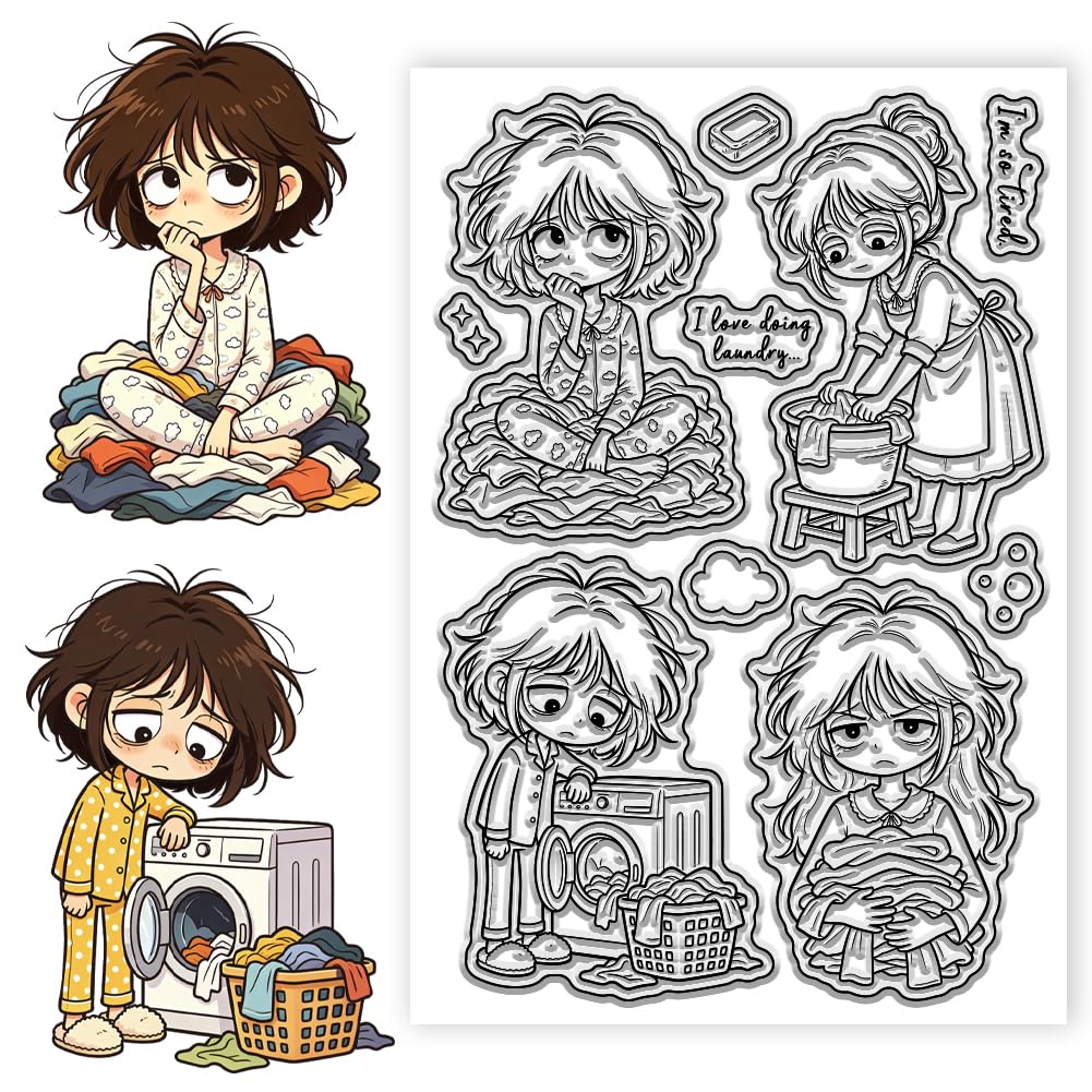 CONCHLERY Clear Stamp Fun Girls Doing Housework Laundry 4.3x6.3 Inch