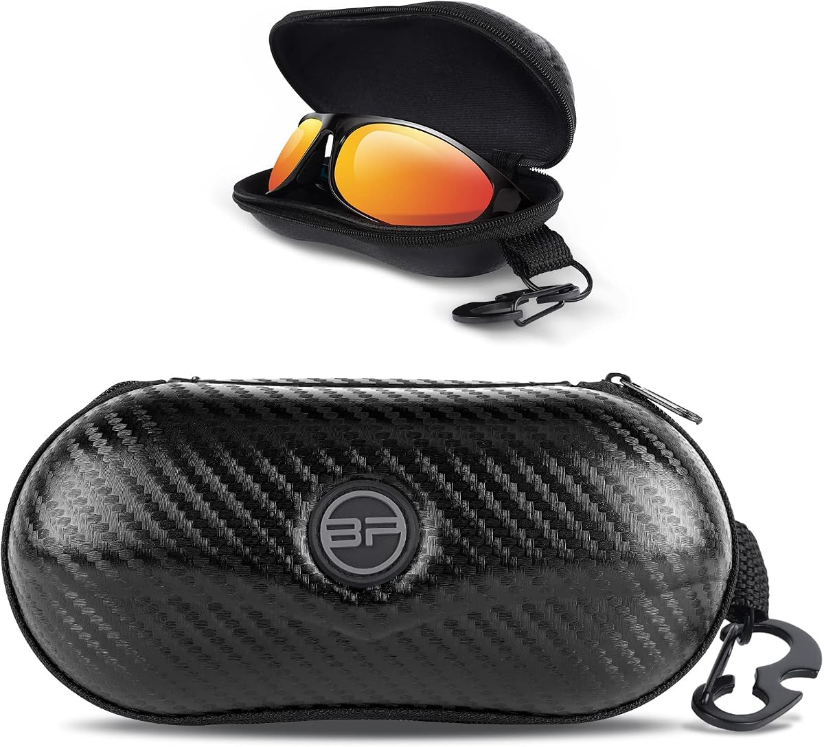 Funda para gafas de sol Carcasa de EVA semidura con gancho colgante de metal Clip para cinturón Almacenamiento de gafas de sol